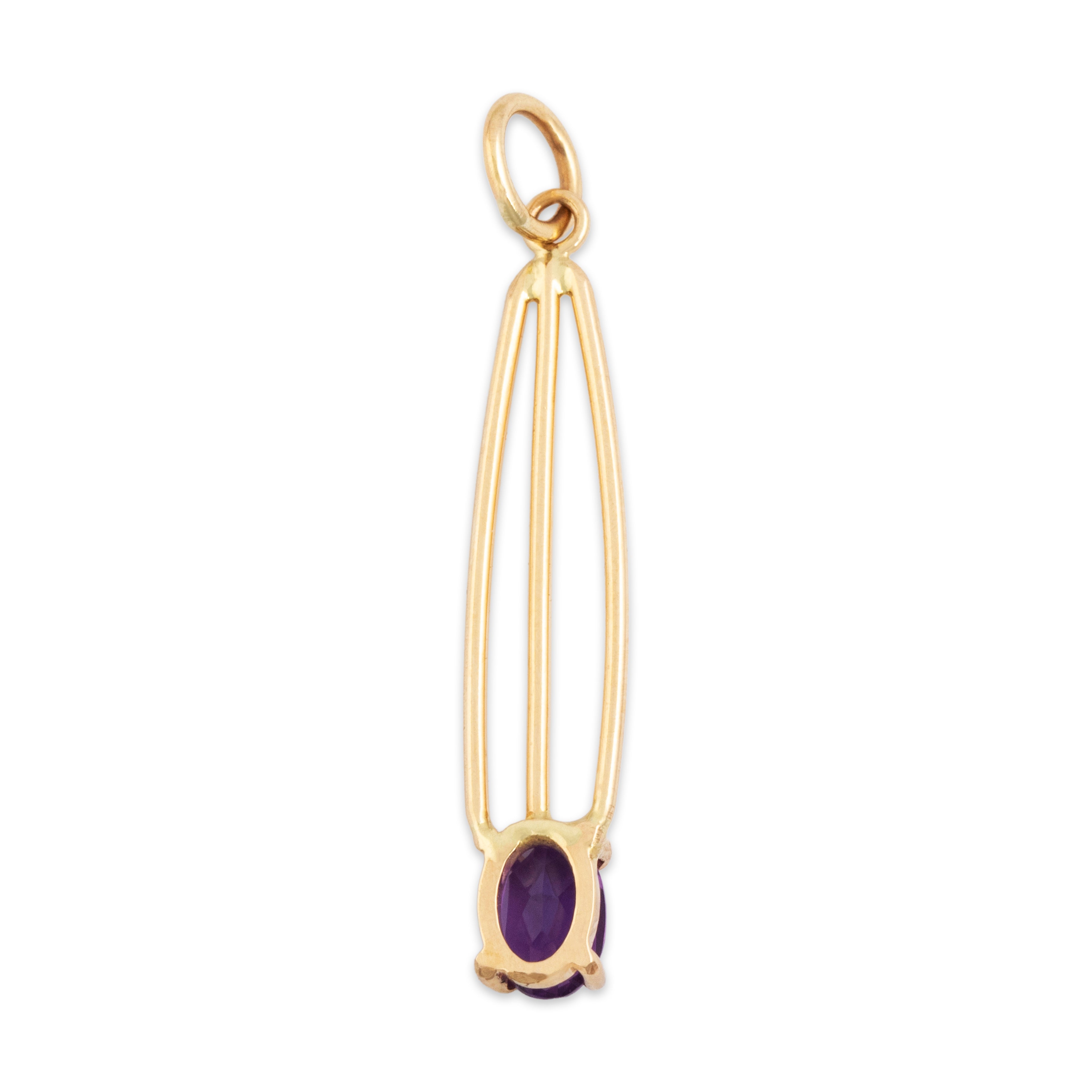 Vintage 14k Yellow Gold Amethyst Sleek Triple Line Pendant - Back view