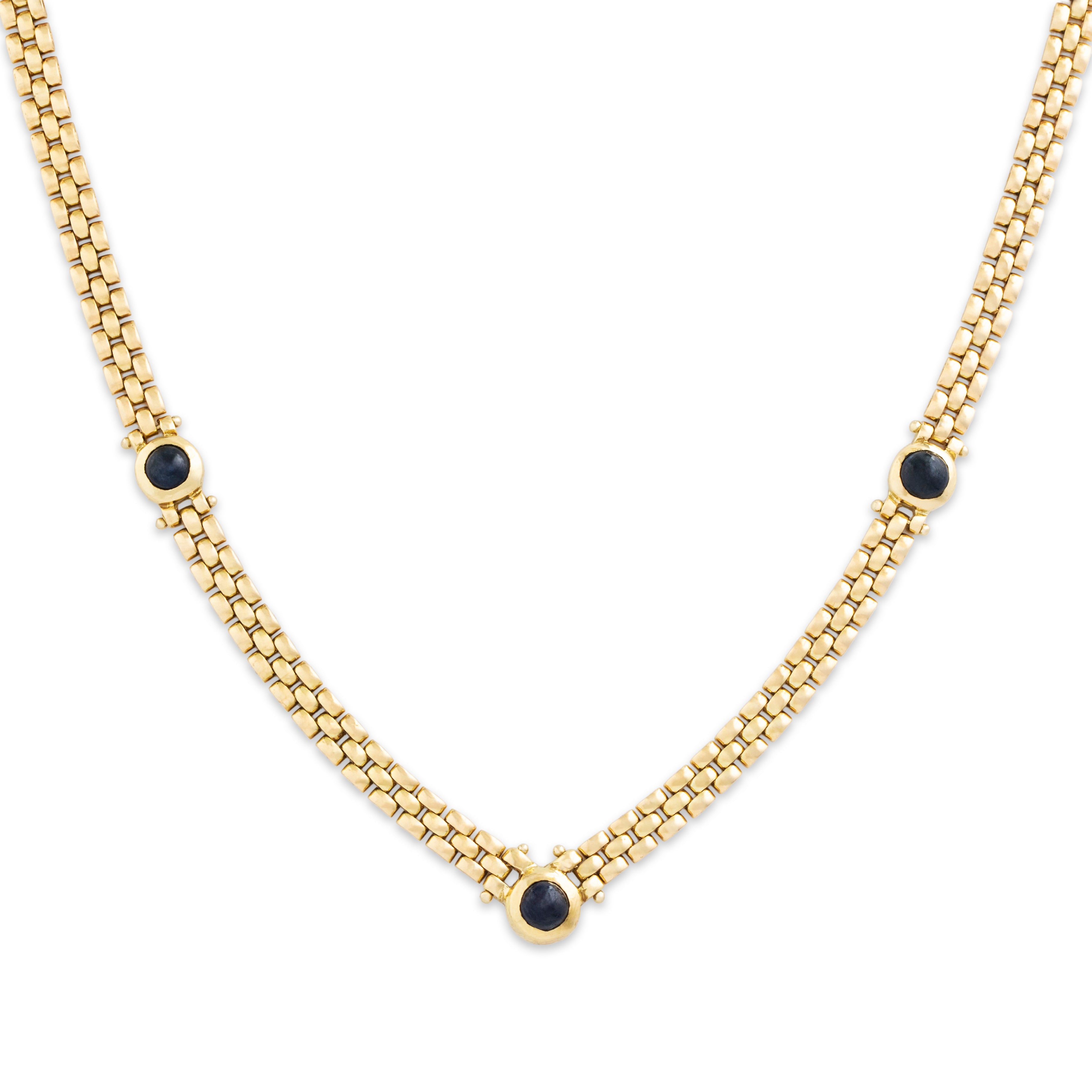 Vintage Italian 18k Gold 1.08cttw Sapphire Cabochon Station Panther Chain Chevron Necklace - detail view #1