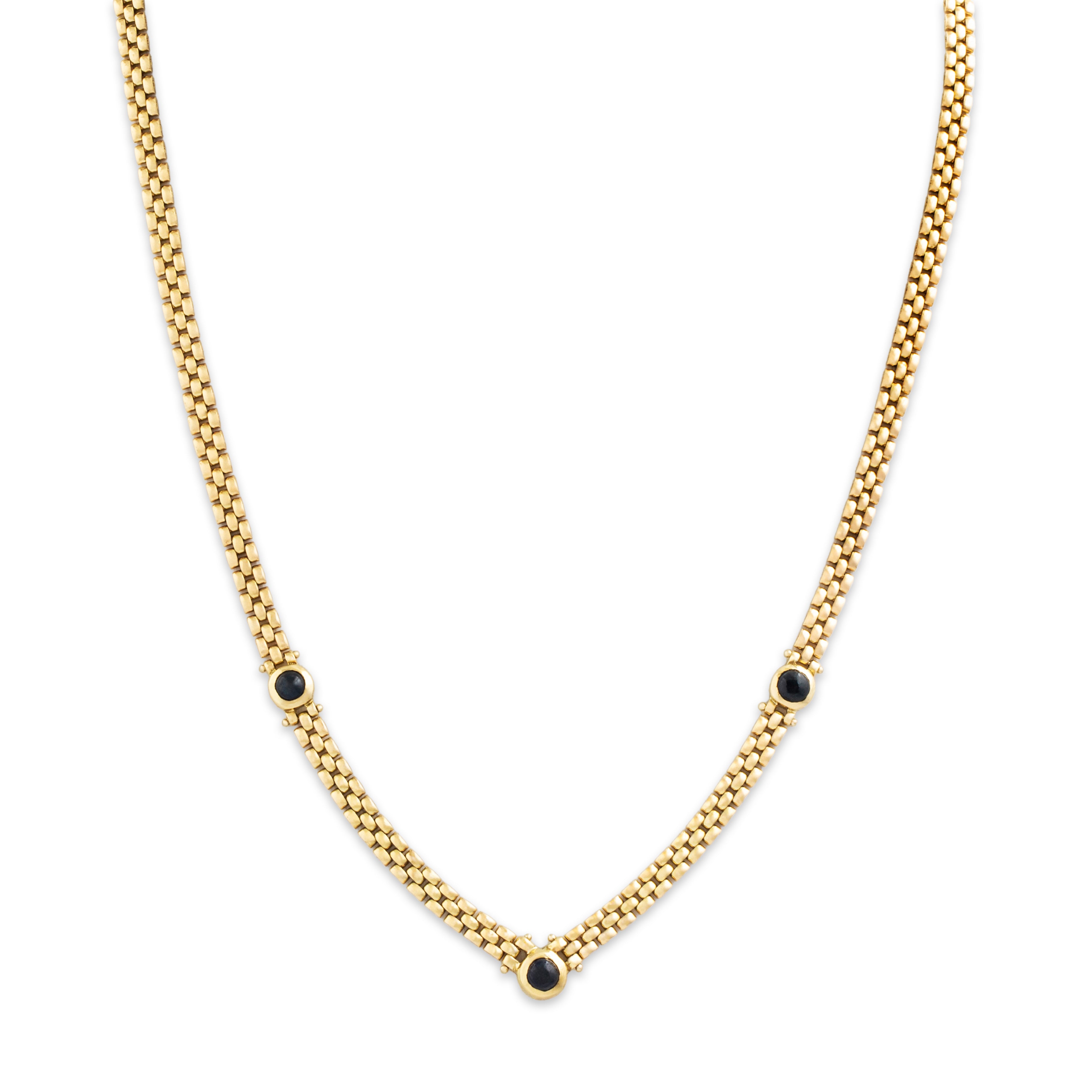 Vintage Italian 18k Gold 1.08cttw Sapphire Cabochon Station Panther Chain Chevron Necklace - Close-up view