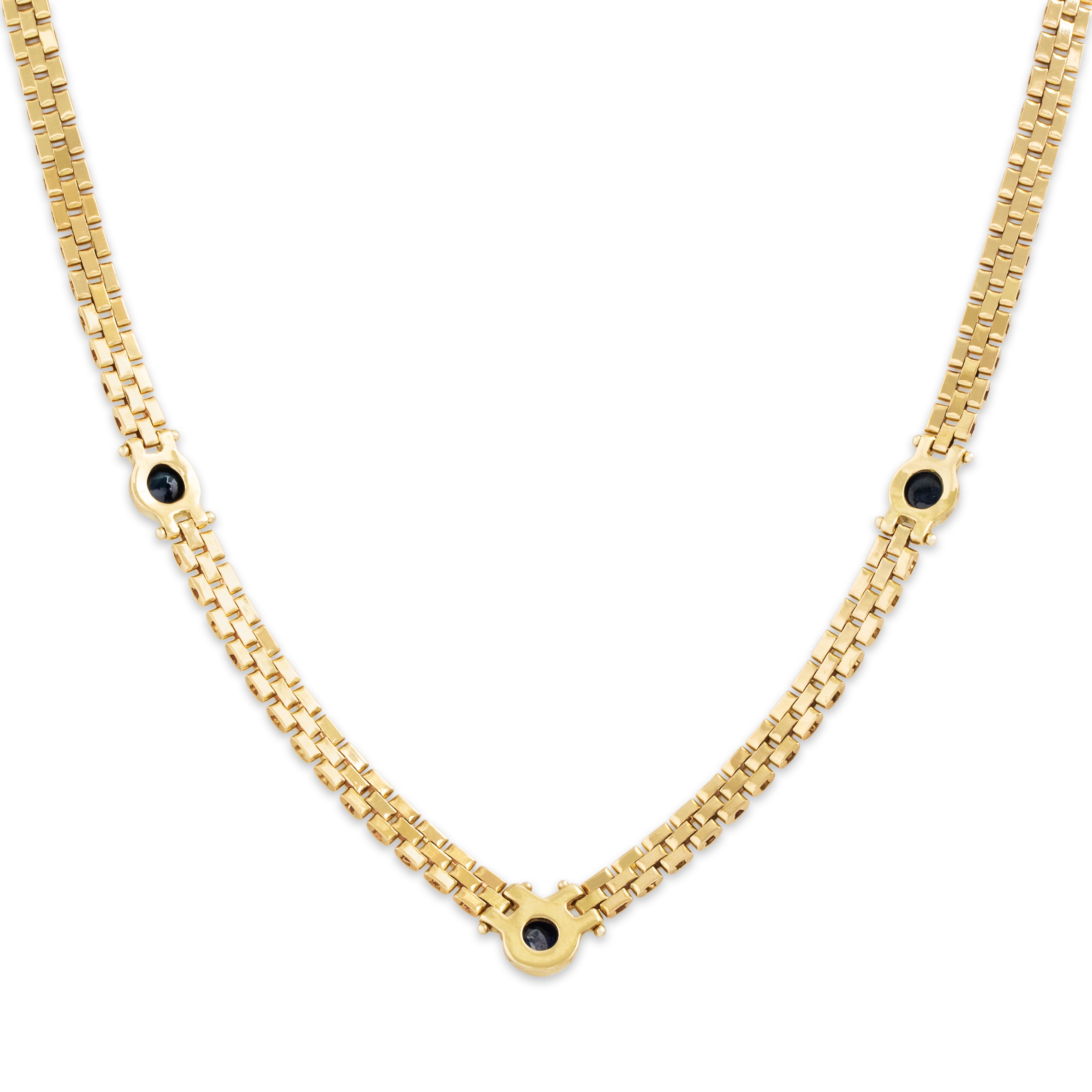 Vintage Italian 18k Gold 1.08cttw Sapphire Cabochon Station Panther Chain Chevron Necklace - Back view