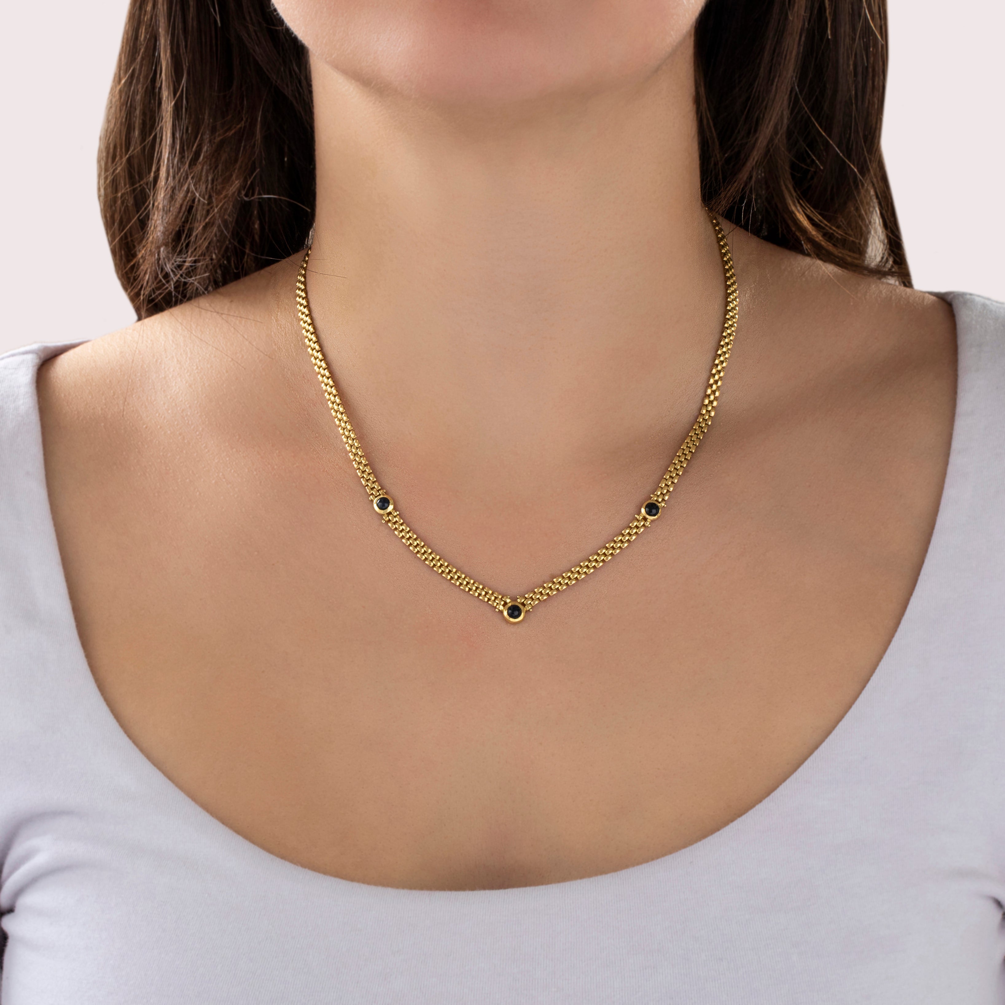 Vintage Italian 18k Gold 1.08cttw Sapphire Cabochon Station Panther Chain Chevron Necklace - On model view