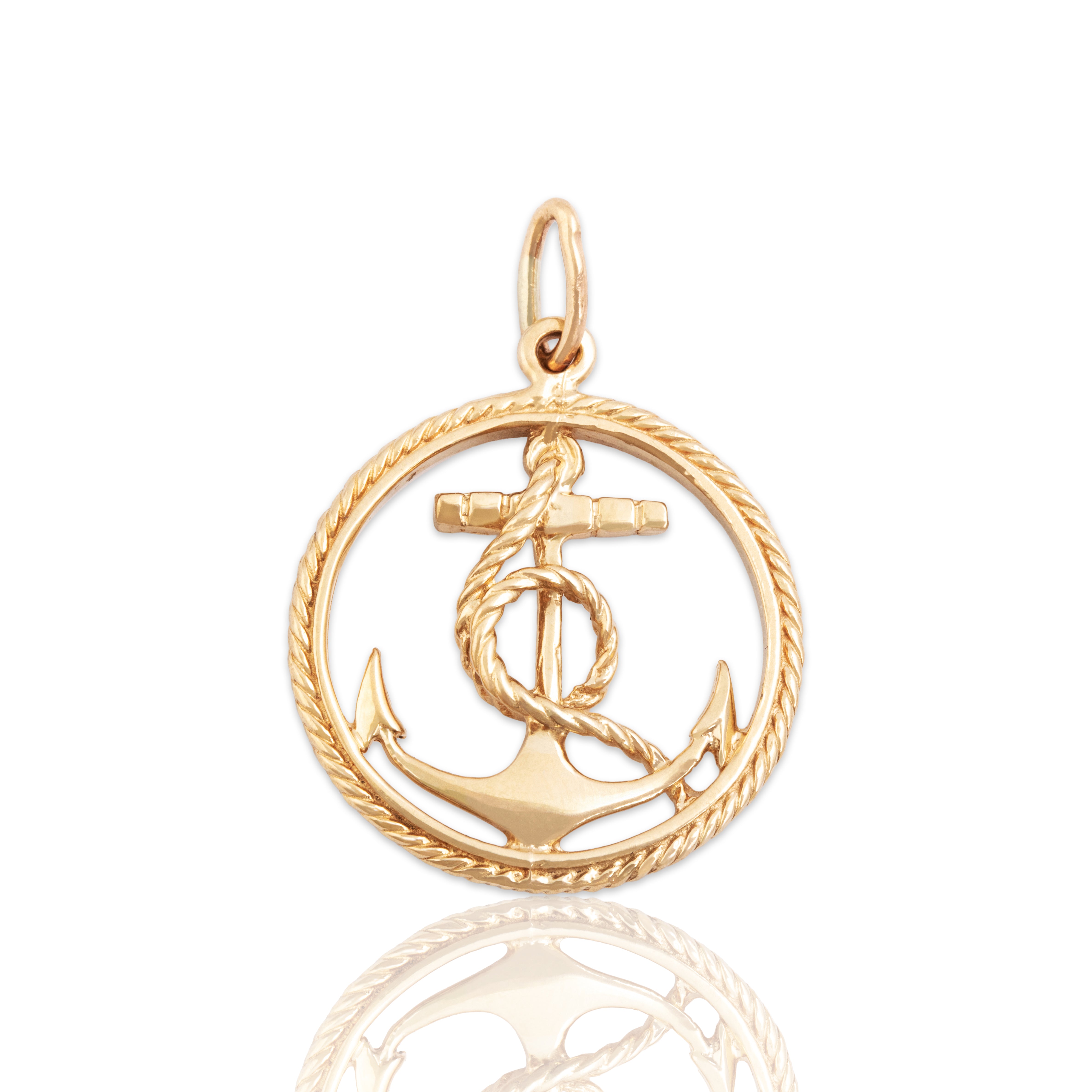 Vintage 14k Yellow Gold Rope Wrapped Anchor Pendant - Close-up view
