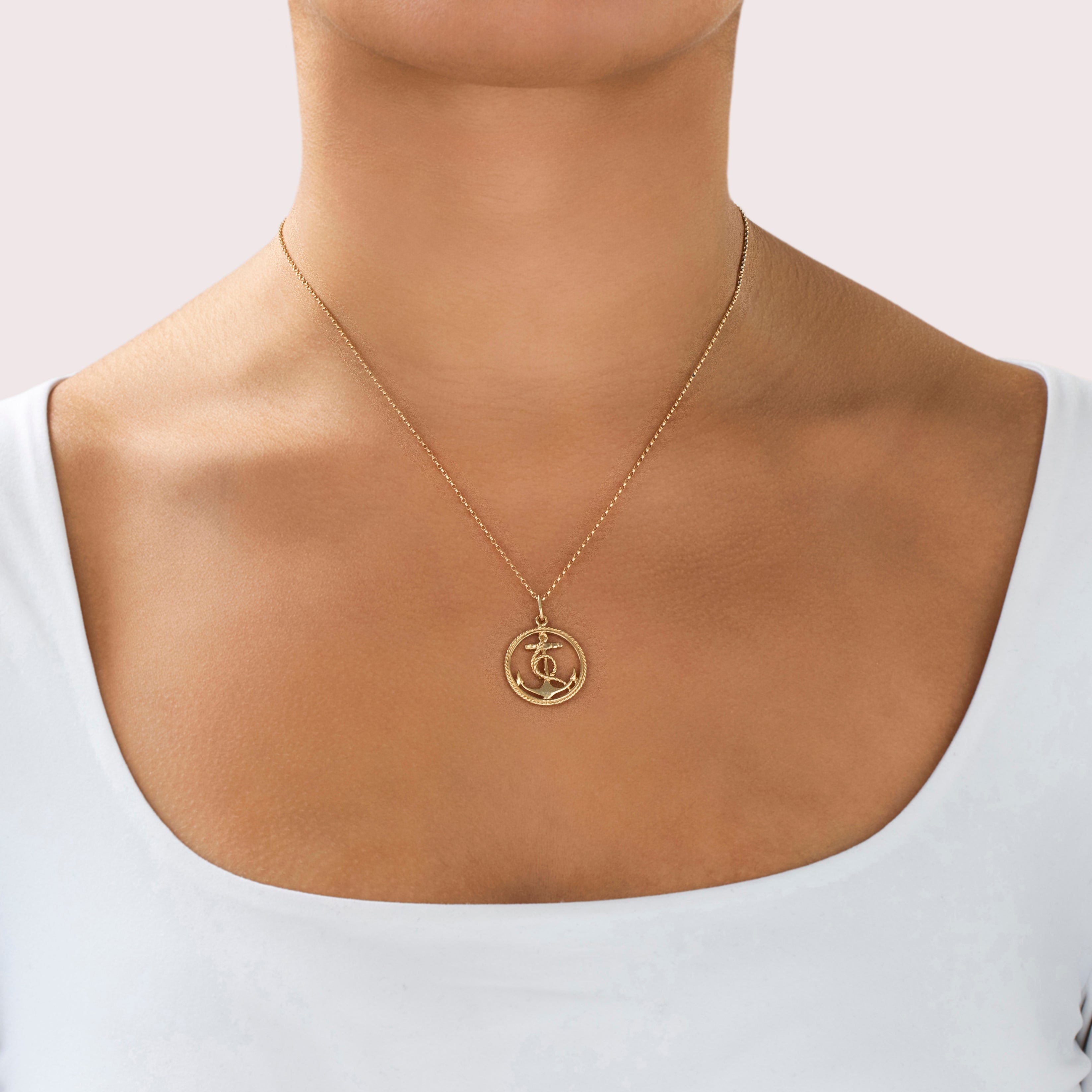 Vintage 14k Yellow Gold Rope Wrapped Anchor Pendant - On model view