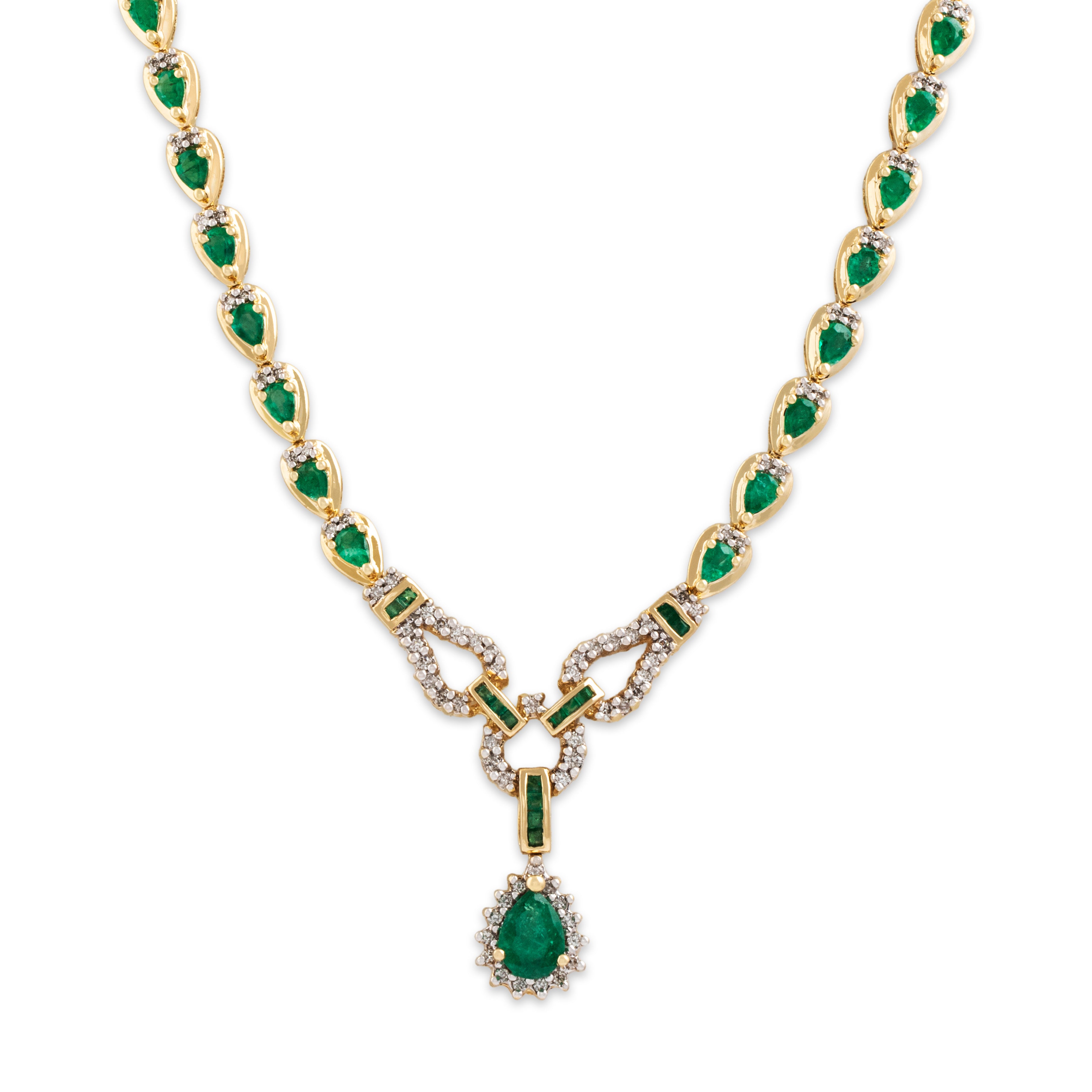 Vintage 14k Yellow Gold 6.6cttw Emerald 1.092cttw Diamond Elegant Pear Chain Drop Necklace - detail view #1