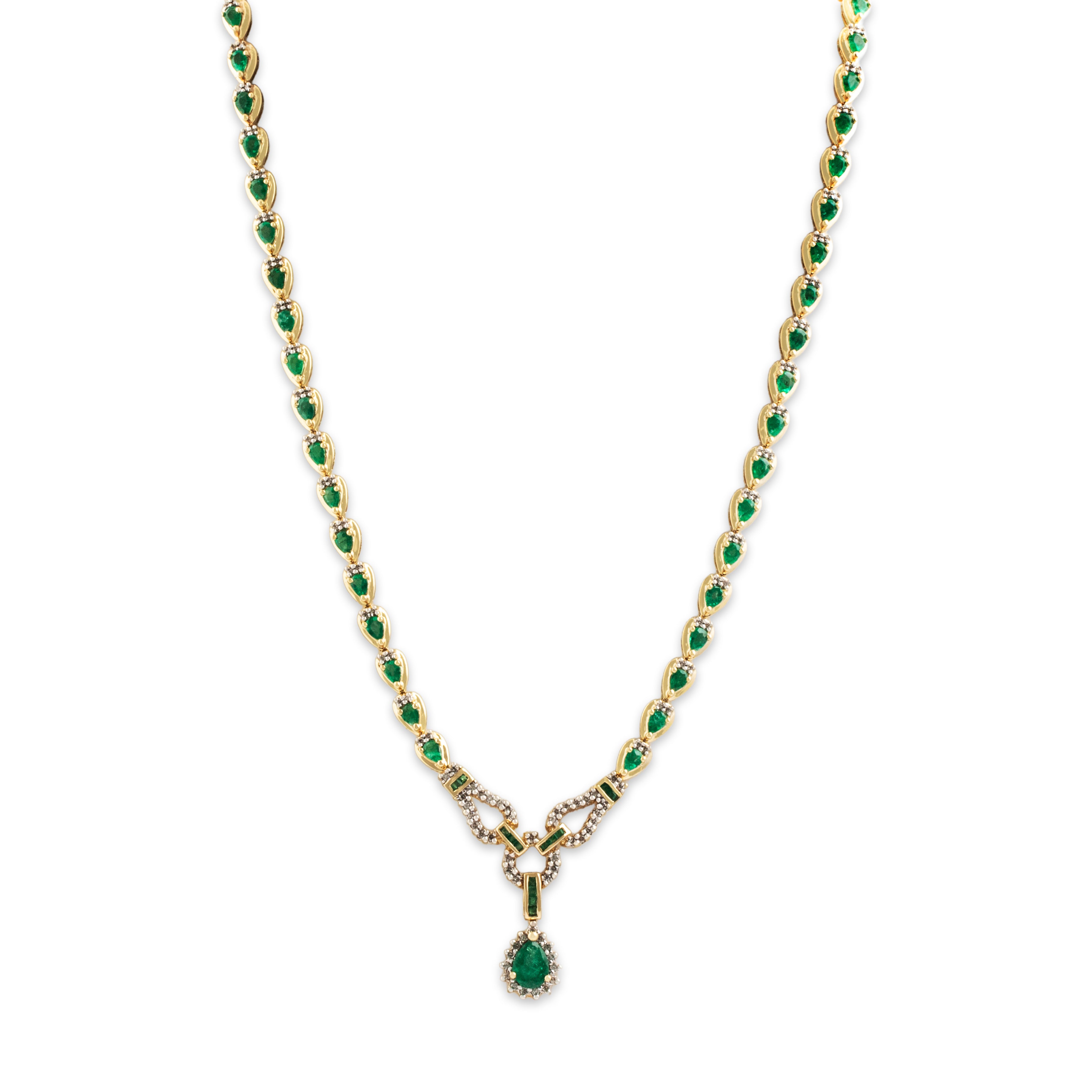 Vintage 14k Yellow Gold 6.6cttw Emerald 1.092cttw Diamond Elegant Pear Chain Drop Necklace - Close-up view