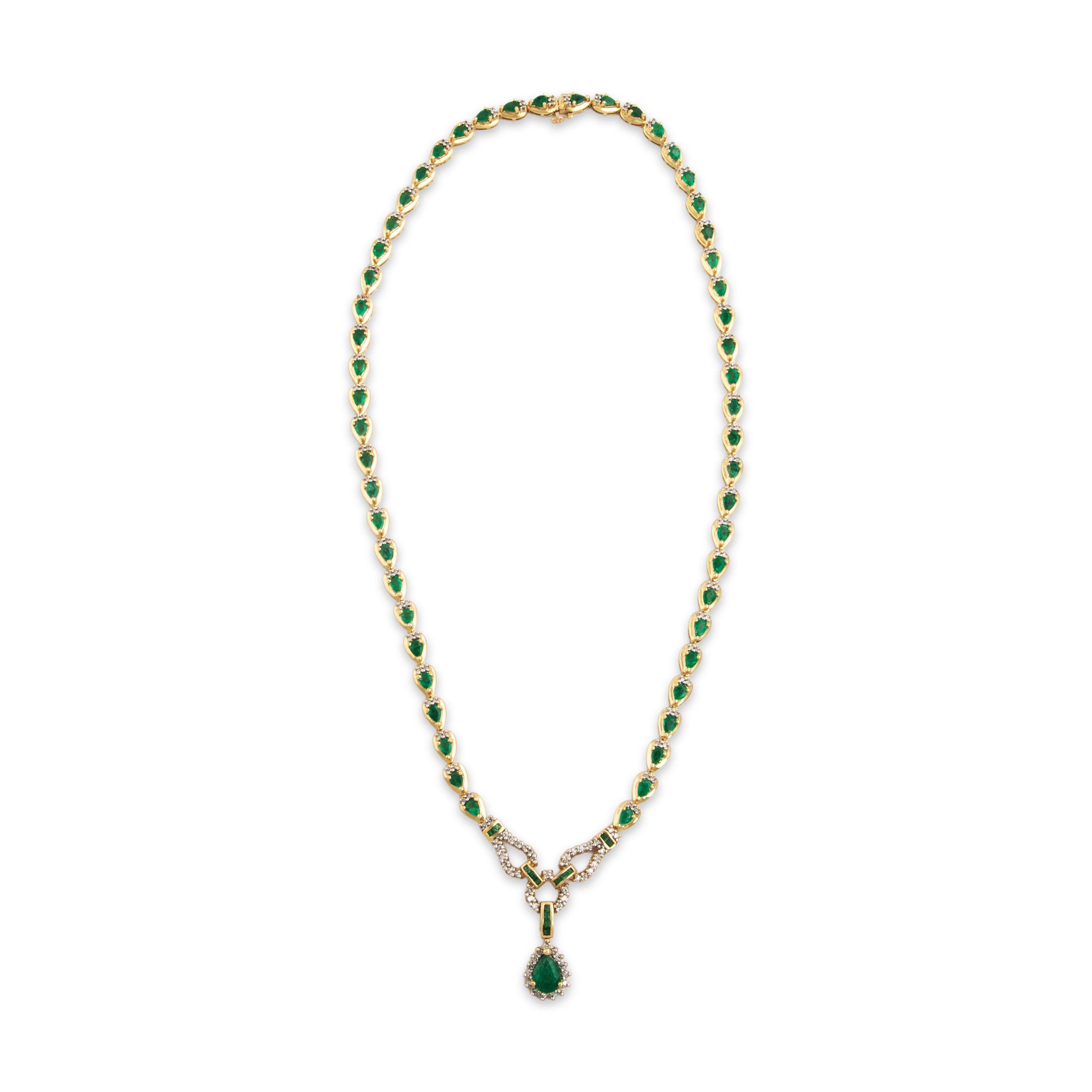 Vintage 14k Yellow Gold 6.6cttw Emerald 1.092cttw Diamond Elegant Pear Chain Drop Necklace - Overall view