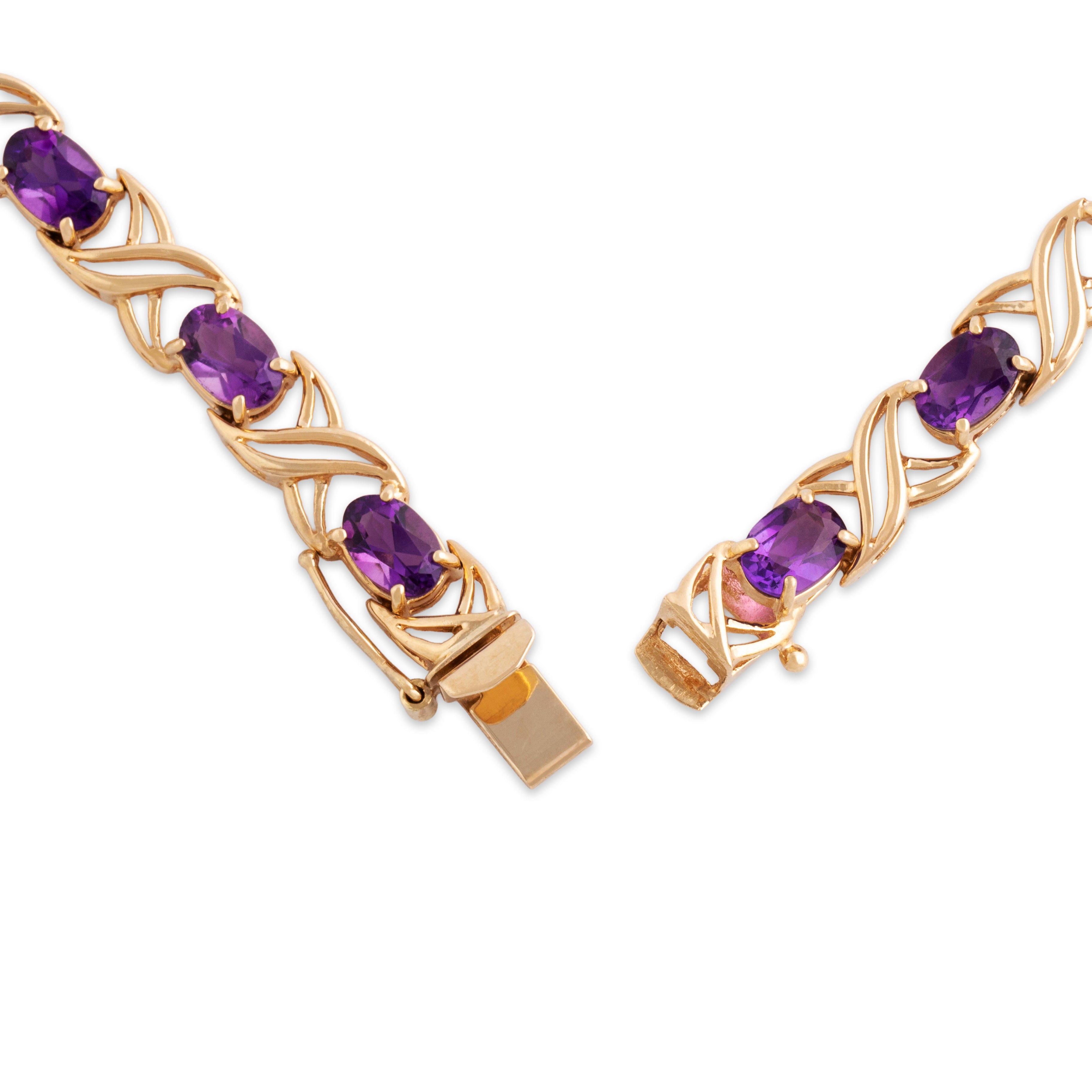 Vintage 14k Yellow Gold 5.6cttw Amethyst Crossing Line Link Bracelet - clasp view