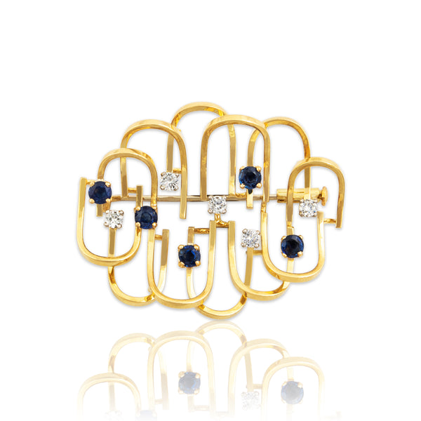 Vintage Large 18k Yellow Gold Sapphire .345cttw Diamond Abstract Brooch / Pin
