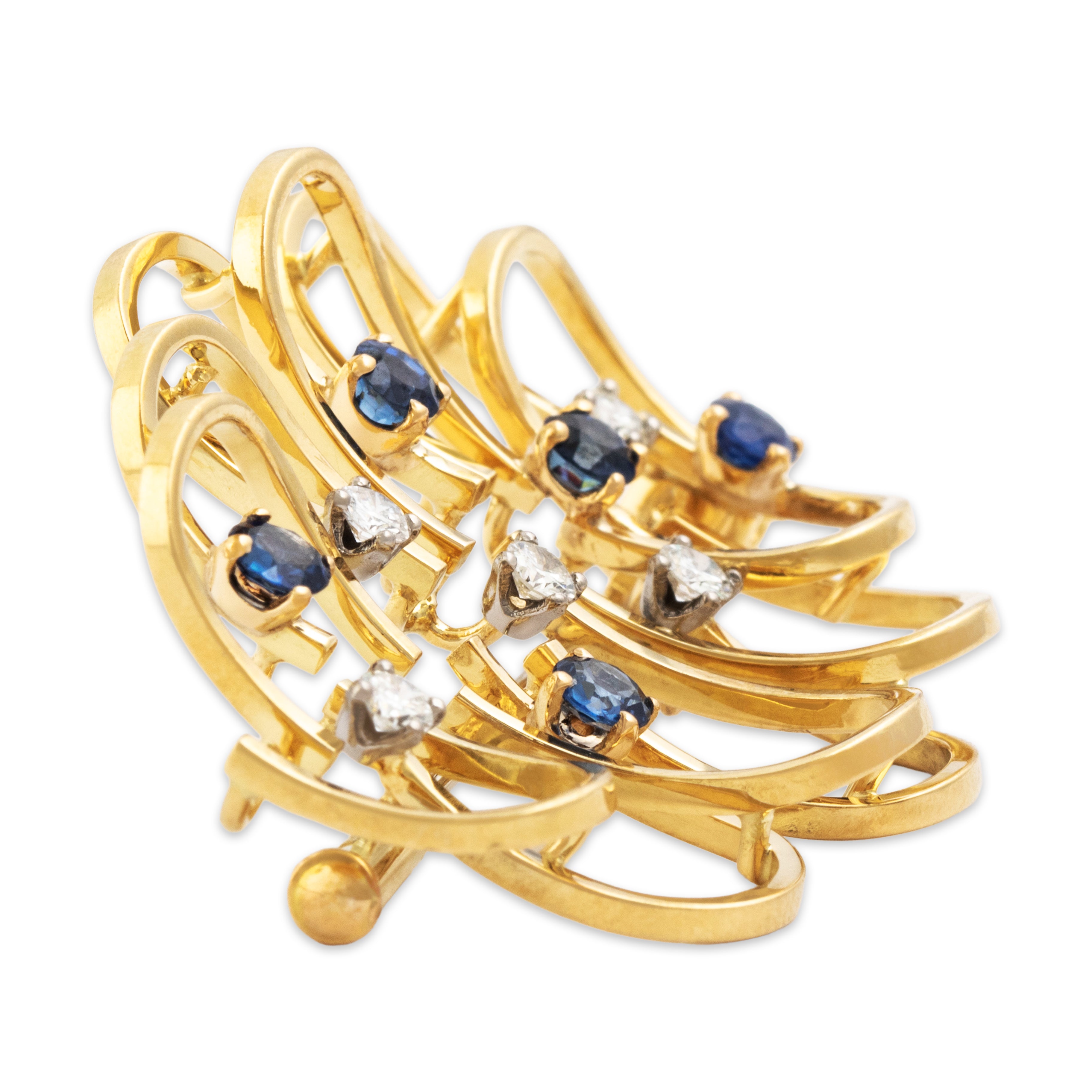 Vintage Large 18k Gold Sapphire .345cttw Diamond Elegant Abstract Brooch / Pin - detail view #1