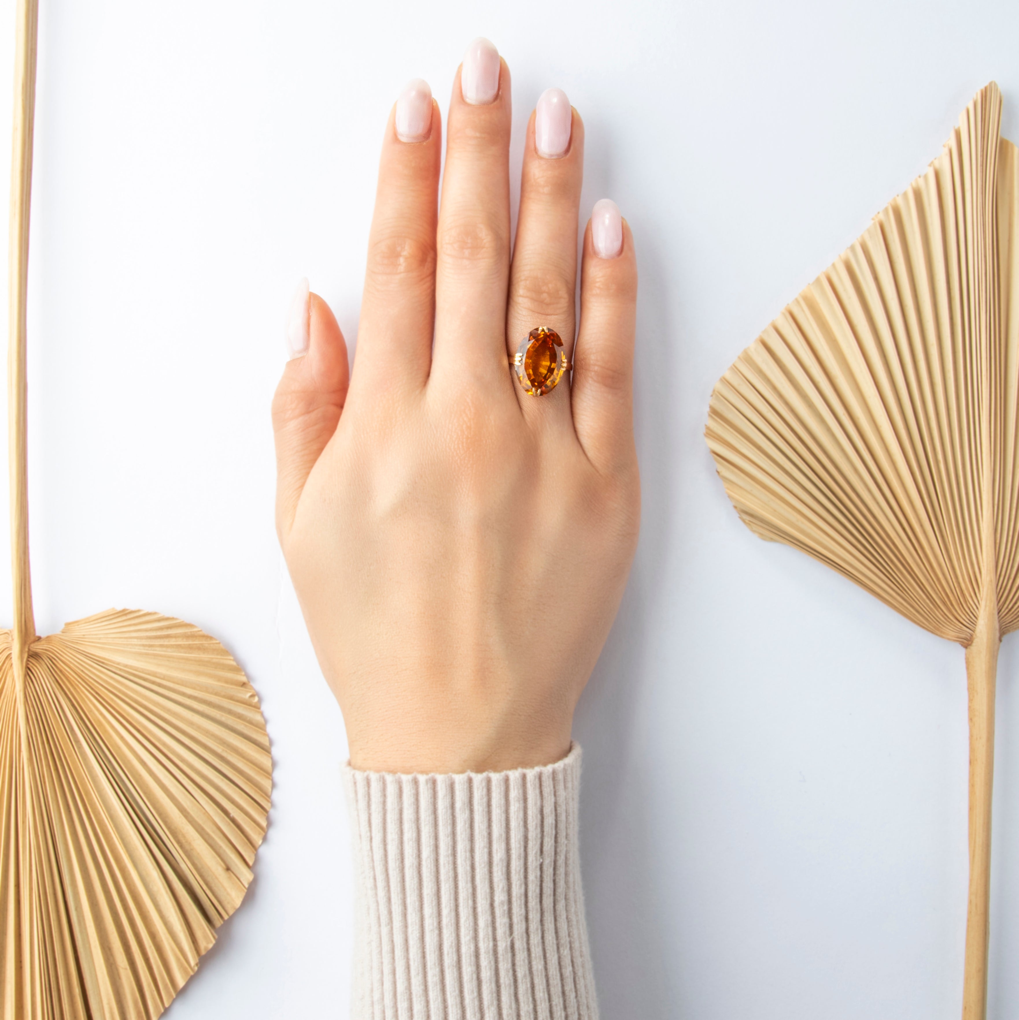 Antique 18k Rosy Yellow Gold 12ct Synthetic Sapphire Oval Cocktail Ring - On model view