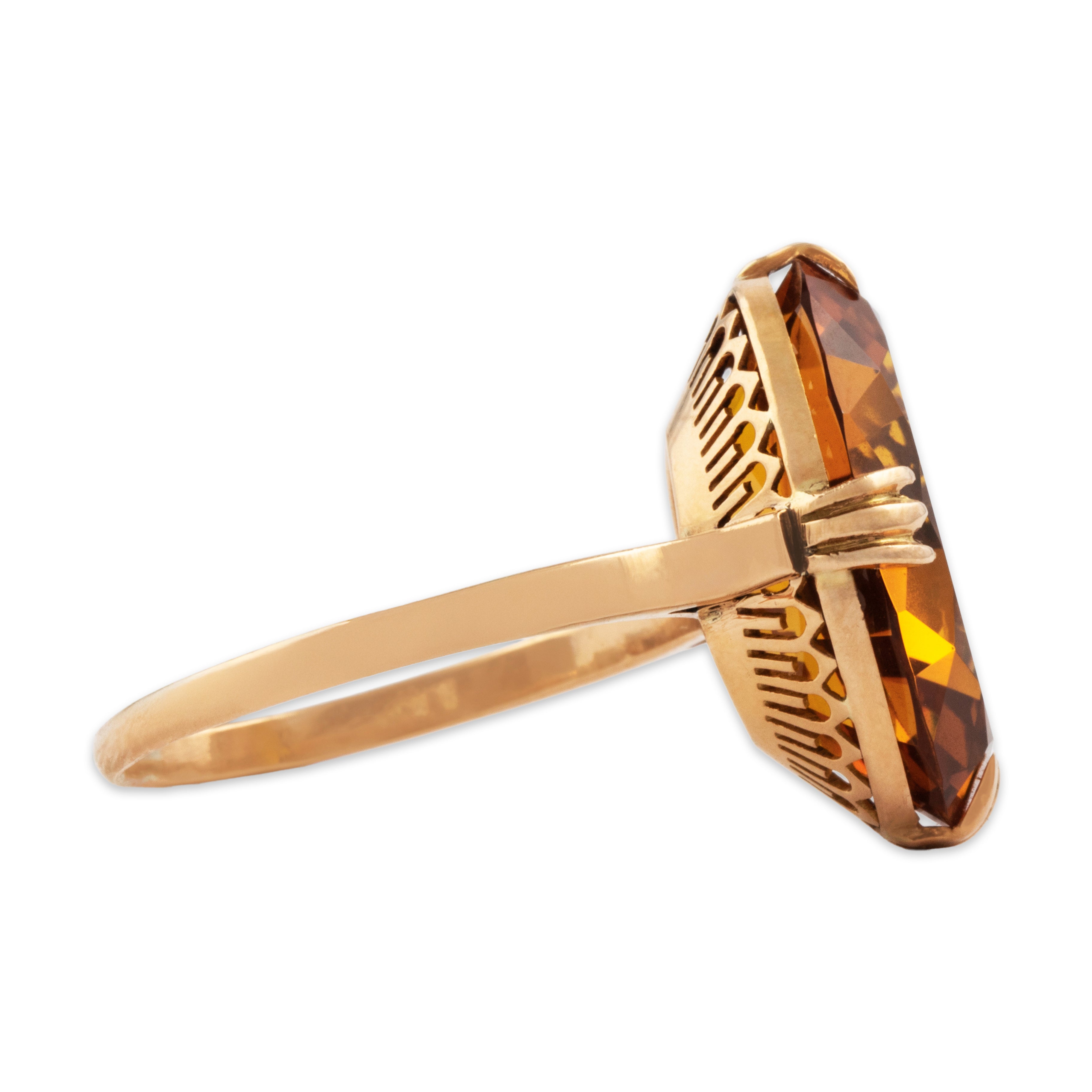 Antique 18k Rosy Yellow Gold 12ct Synthetic Sapphire Oval Cocktail Ring - Side view