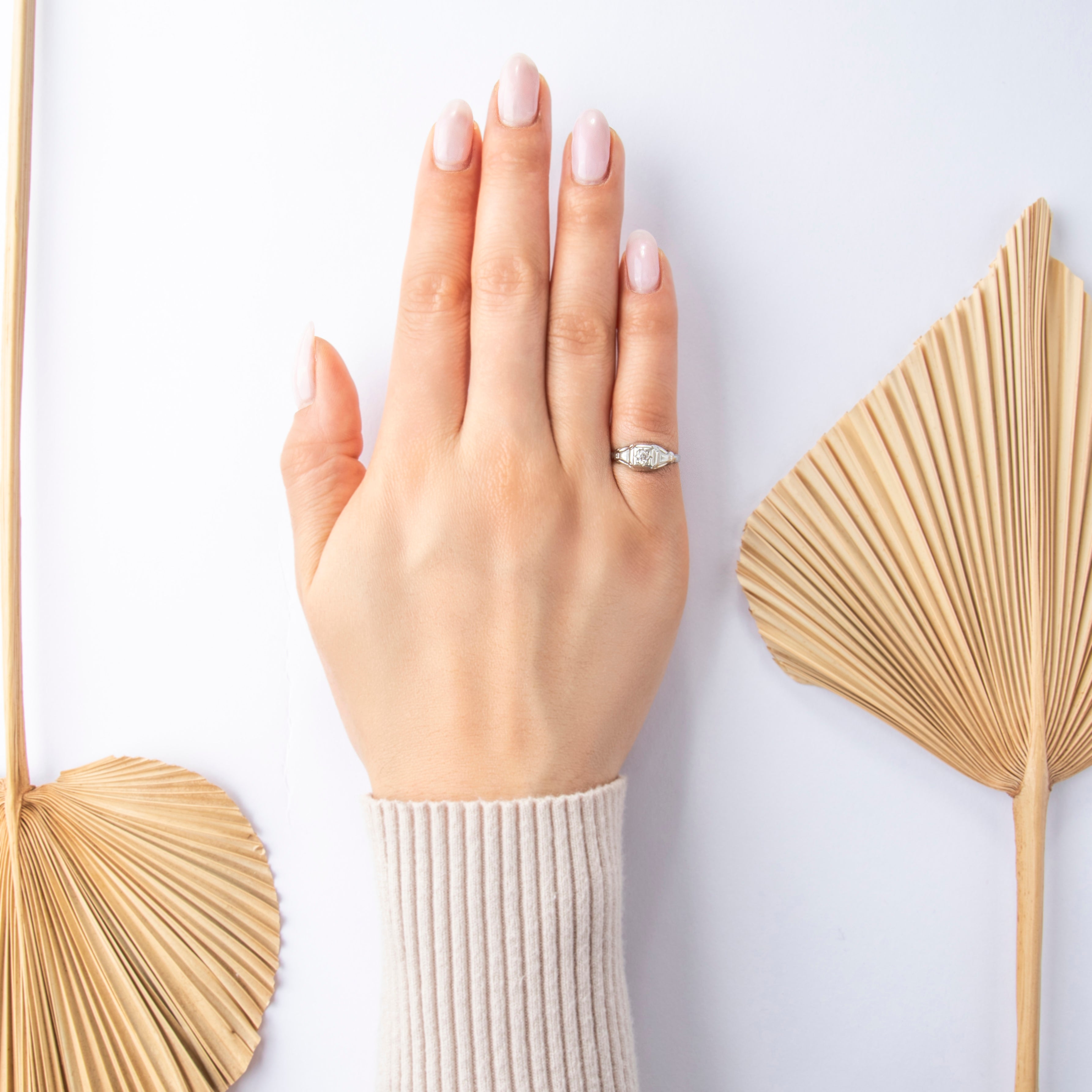 Antique 18k White Gold Diamond Delicate Scrolling Column Solitaire Ring - On model view