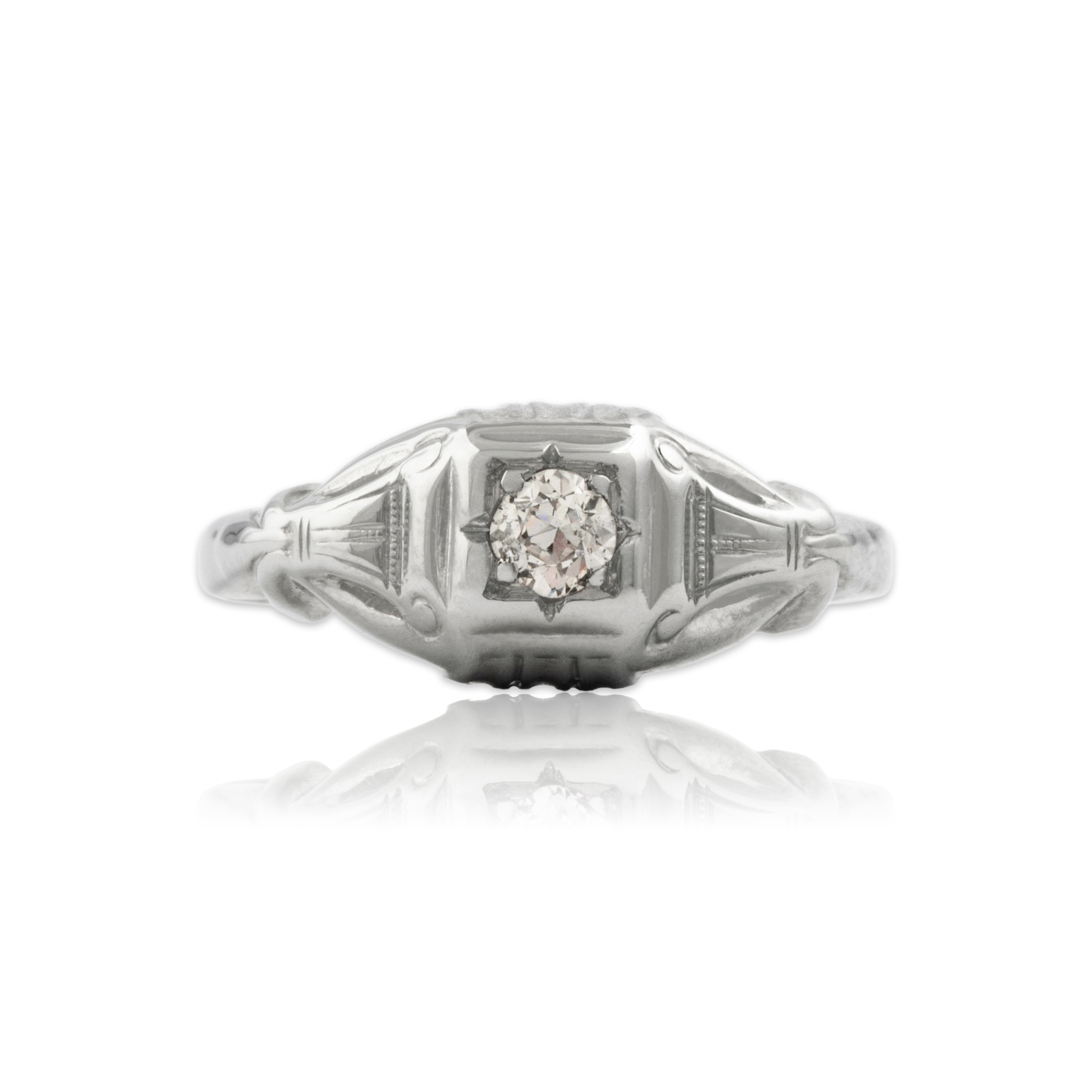 Antique 18k White Gold Diamond Delicate Scrolling Column Solitaire Rin ...