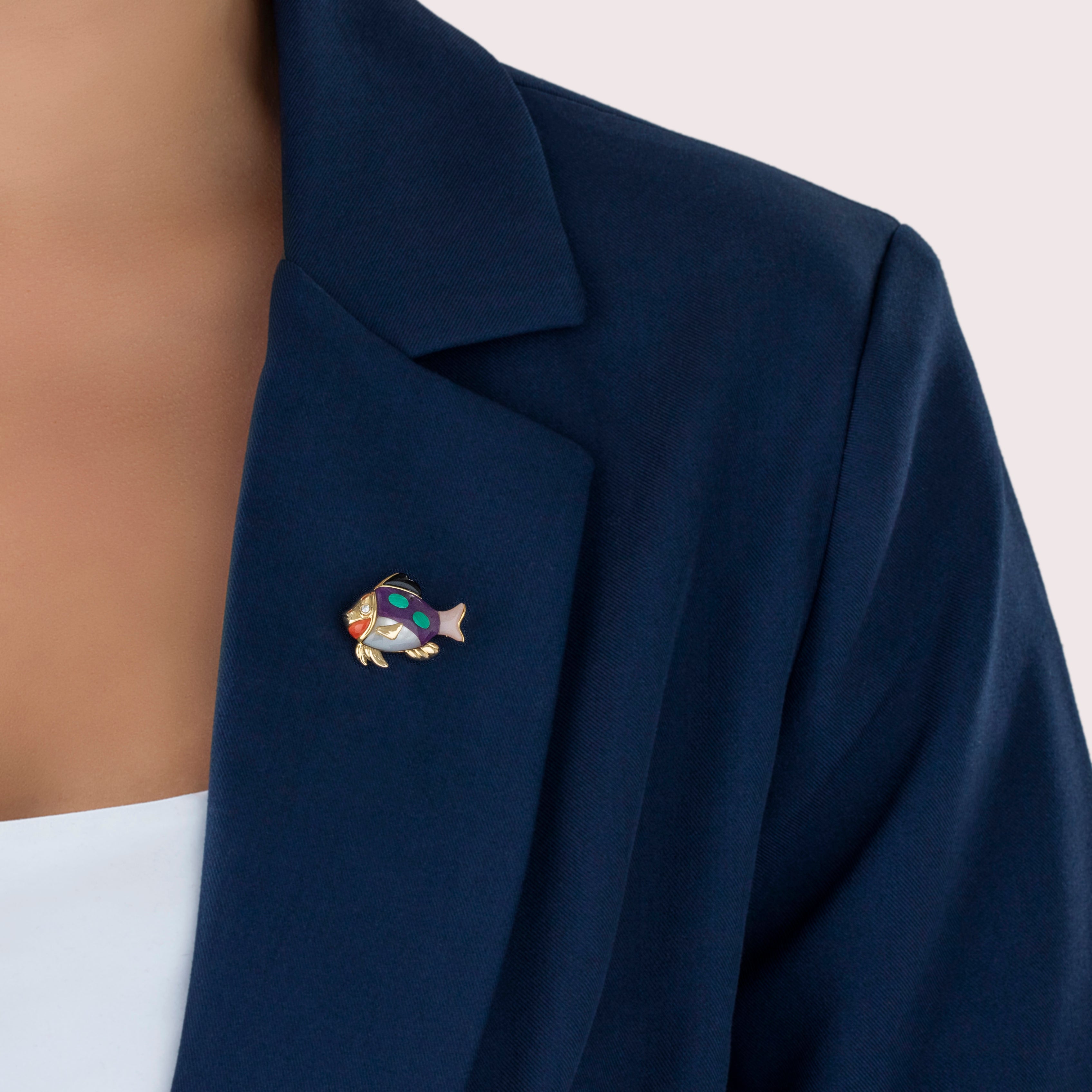 Vintage Asch-Grossbardt 14k Yellow Gold Multistone Inlay Rainbow Fish Brooch / Pin - On model view