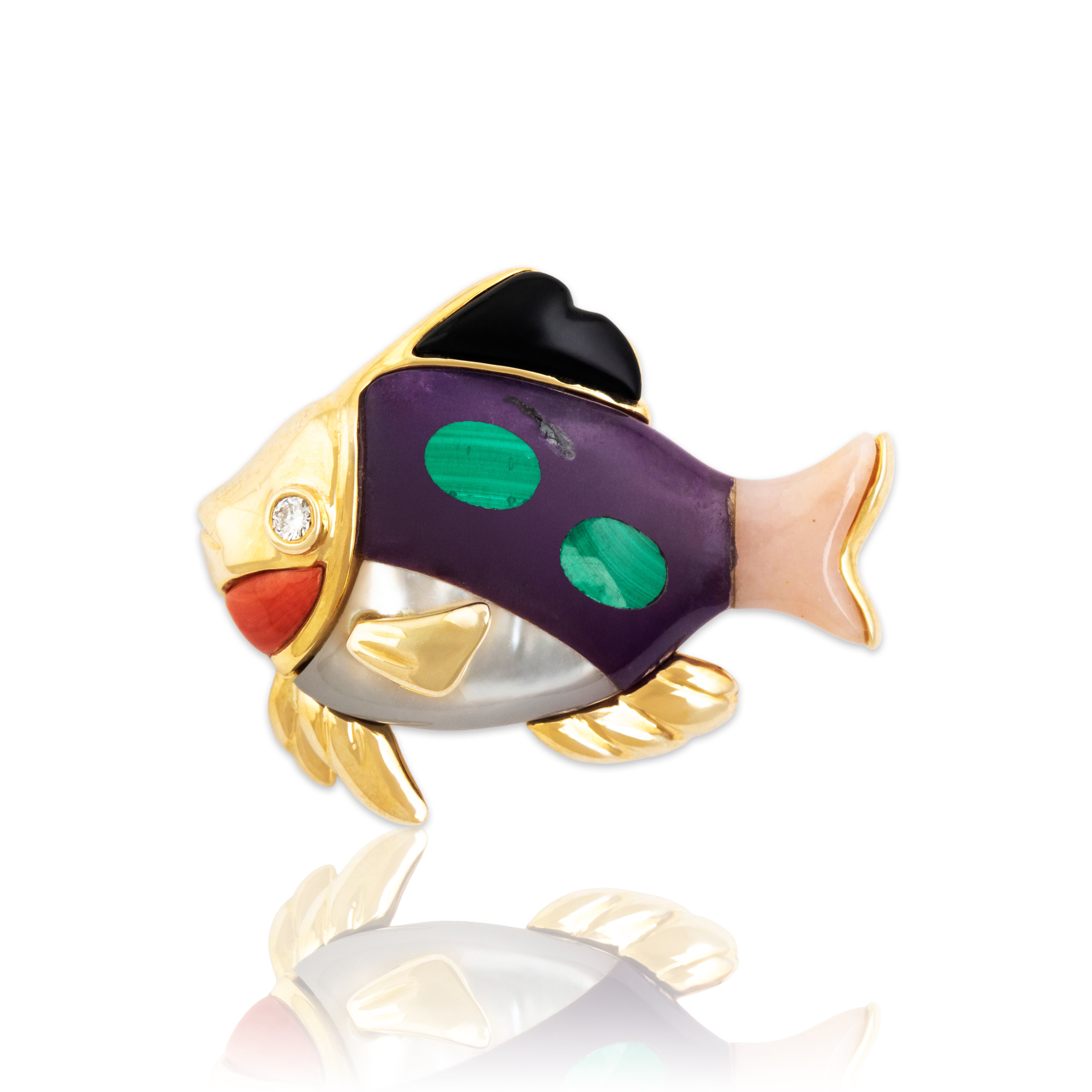 Vintage Asch-Grossbardt 14k Yellow Gold Multistone Inlay Rainbow Fish Brooch / Pin - Close-up view