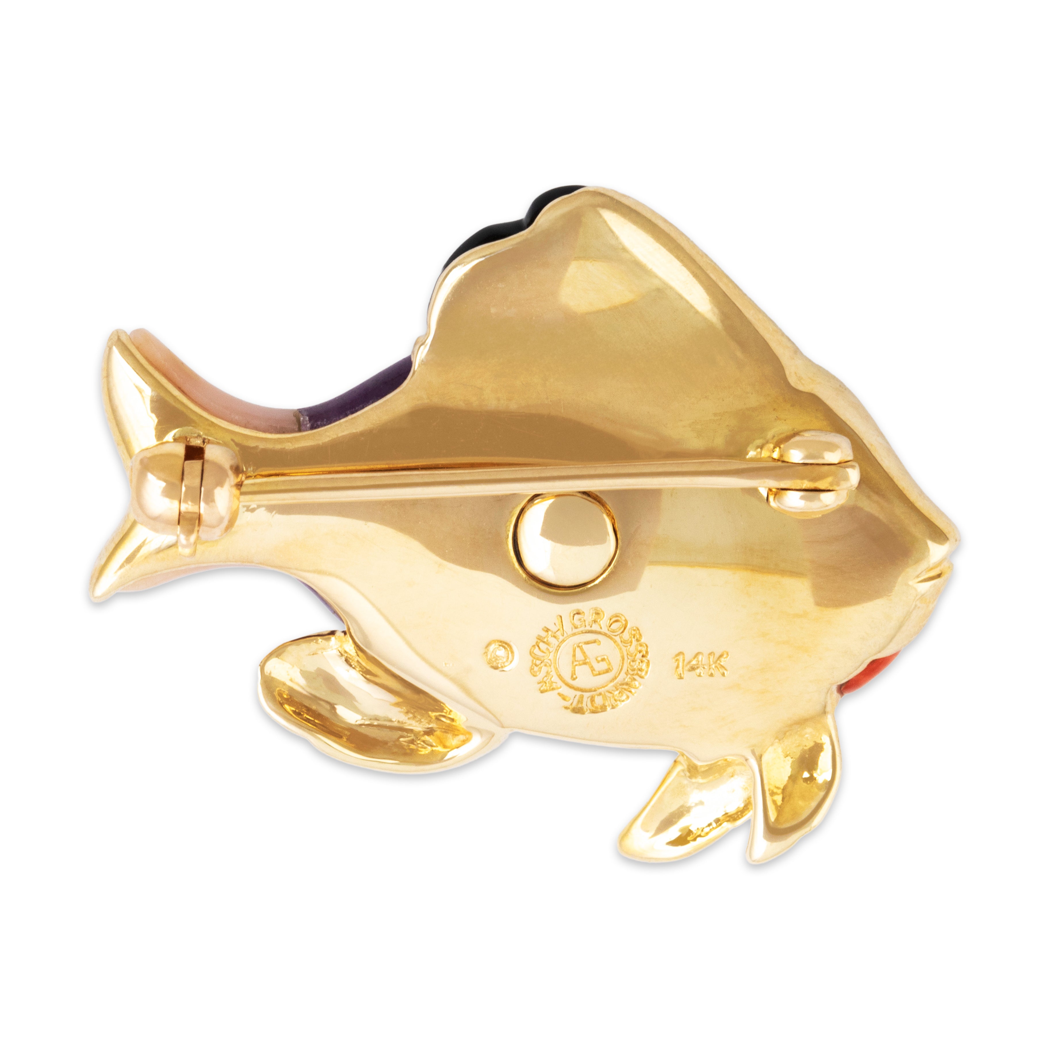 Vintage Asch-Grossbardt 14k Yellow Gold Multistone Inlay Rainbow Fish Brooch / Pin - Back view