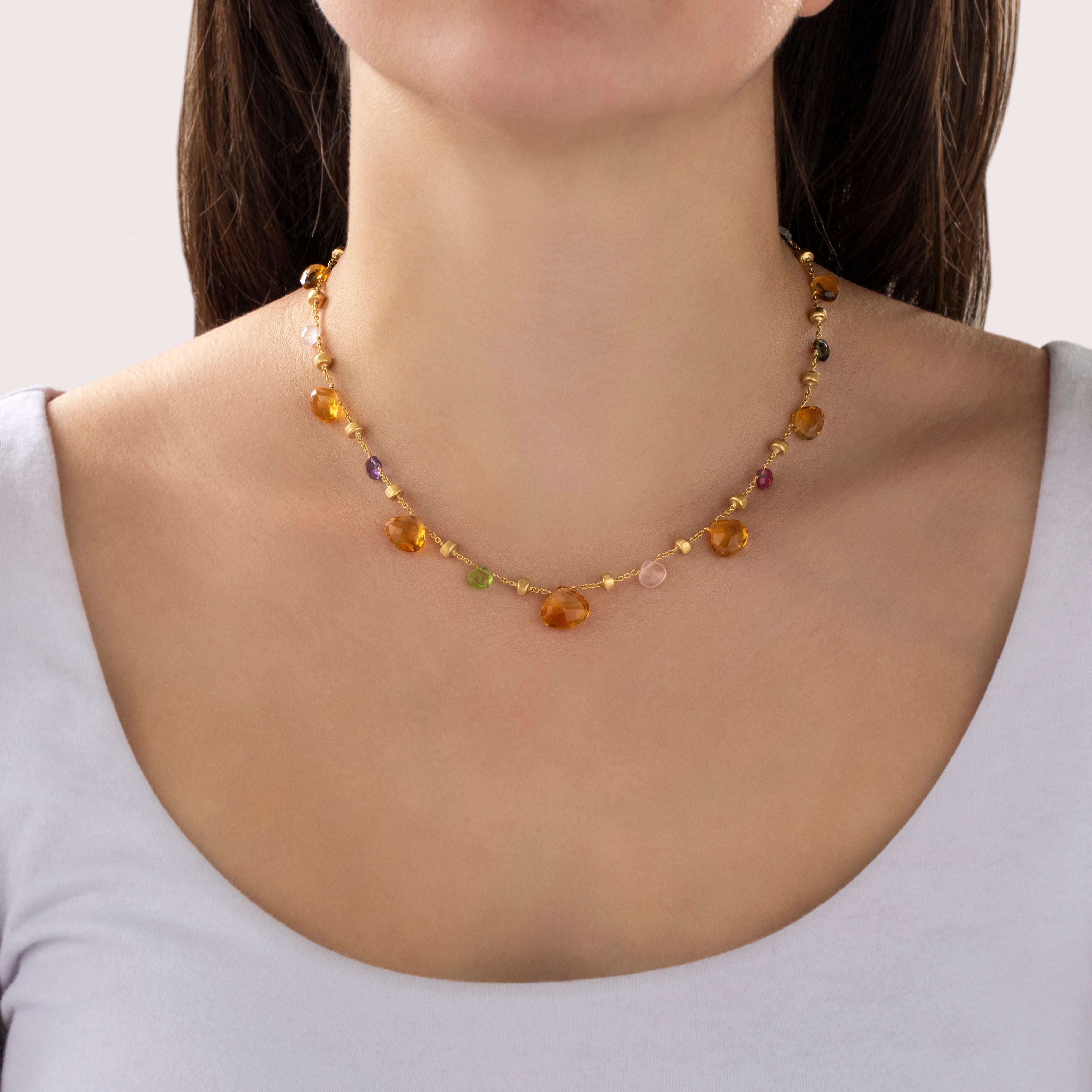 Estate Marco Bicego Italian 18k Yellow Gold Multistone Briolette Necklace - On model view