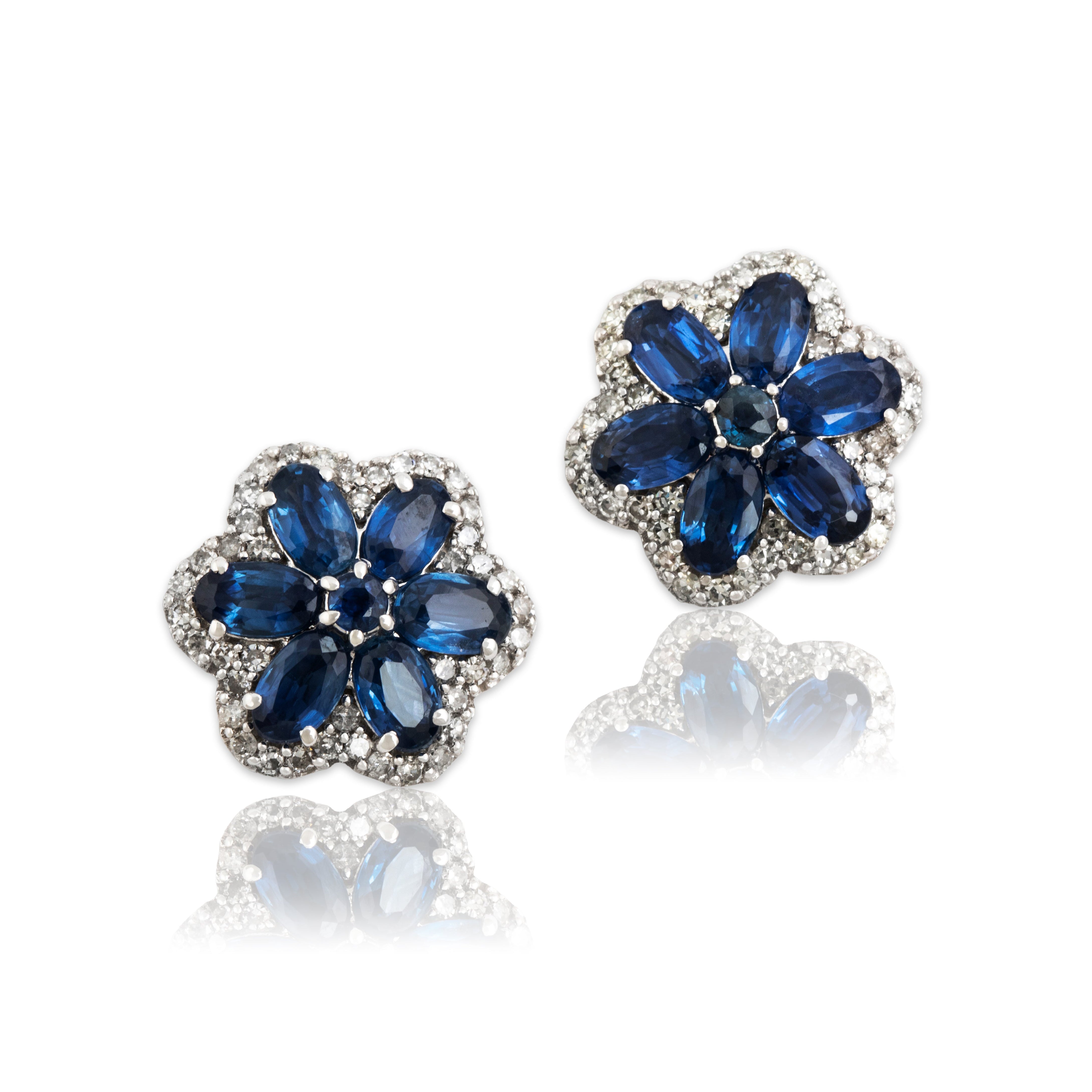 Estate 14k White Gold 1.7cttw Sapphire .42cttw Diamond Flower Halo Stud Earrings - Close-up view