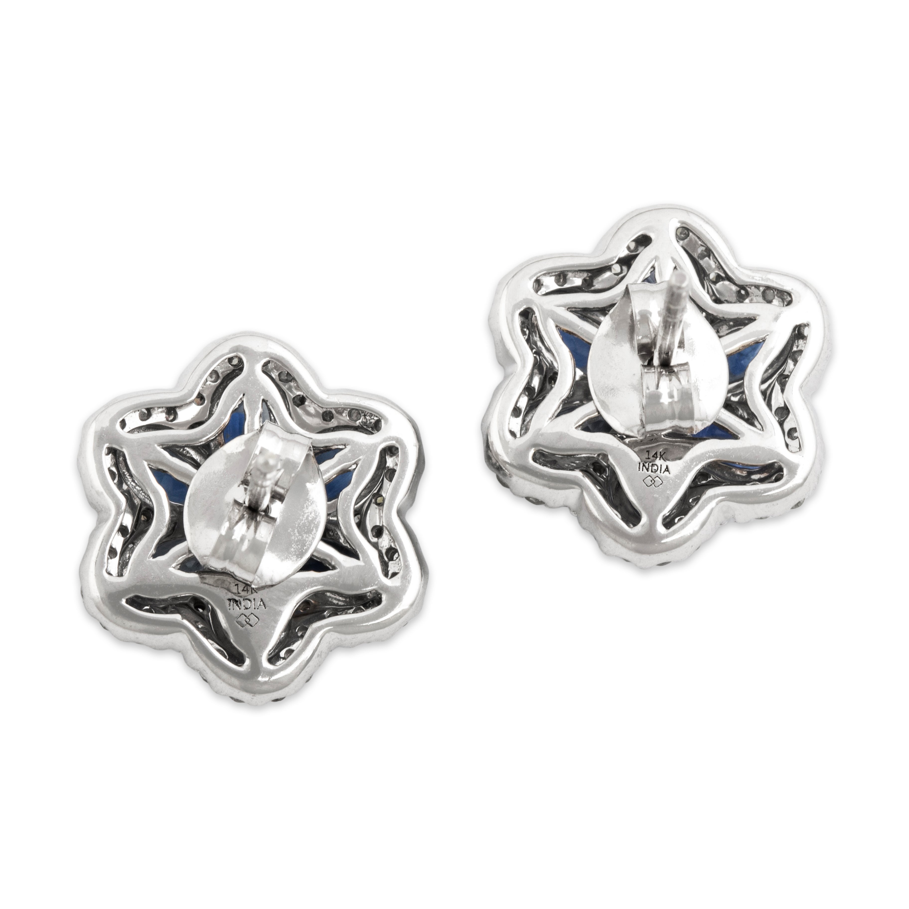 Estate 14k White Gold 1.7cttw Sapphire .42cttw Diamond Flower Halo Stud Earrings - Back view