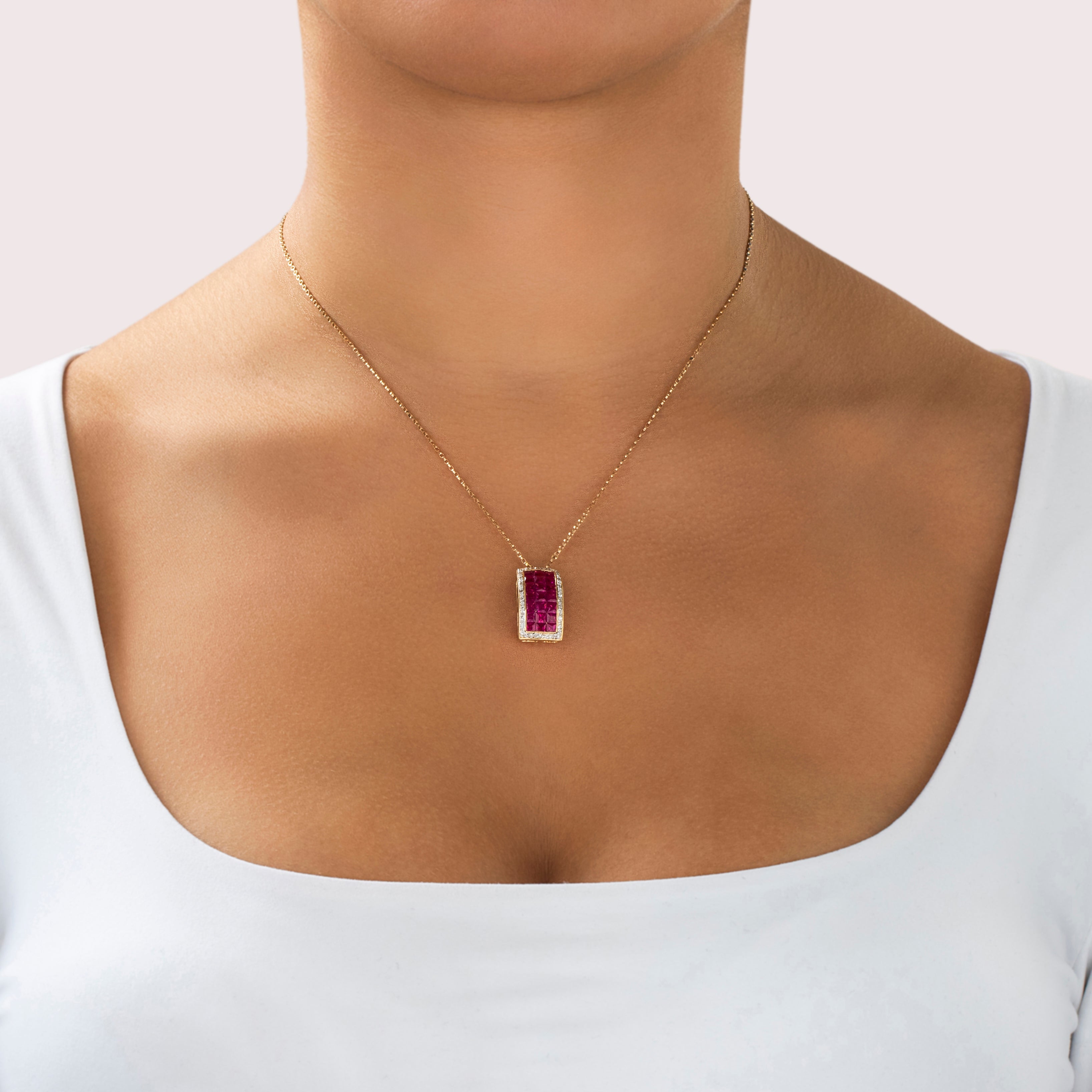 Vintage 14k Yellow Gold 3.1cttw Ruby Diamond Terrific Tile Slide Pendant - On model view