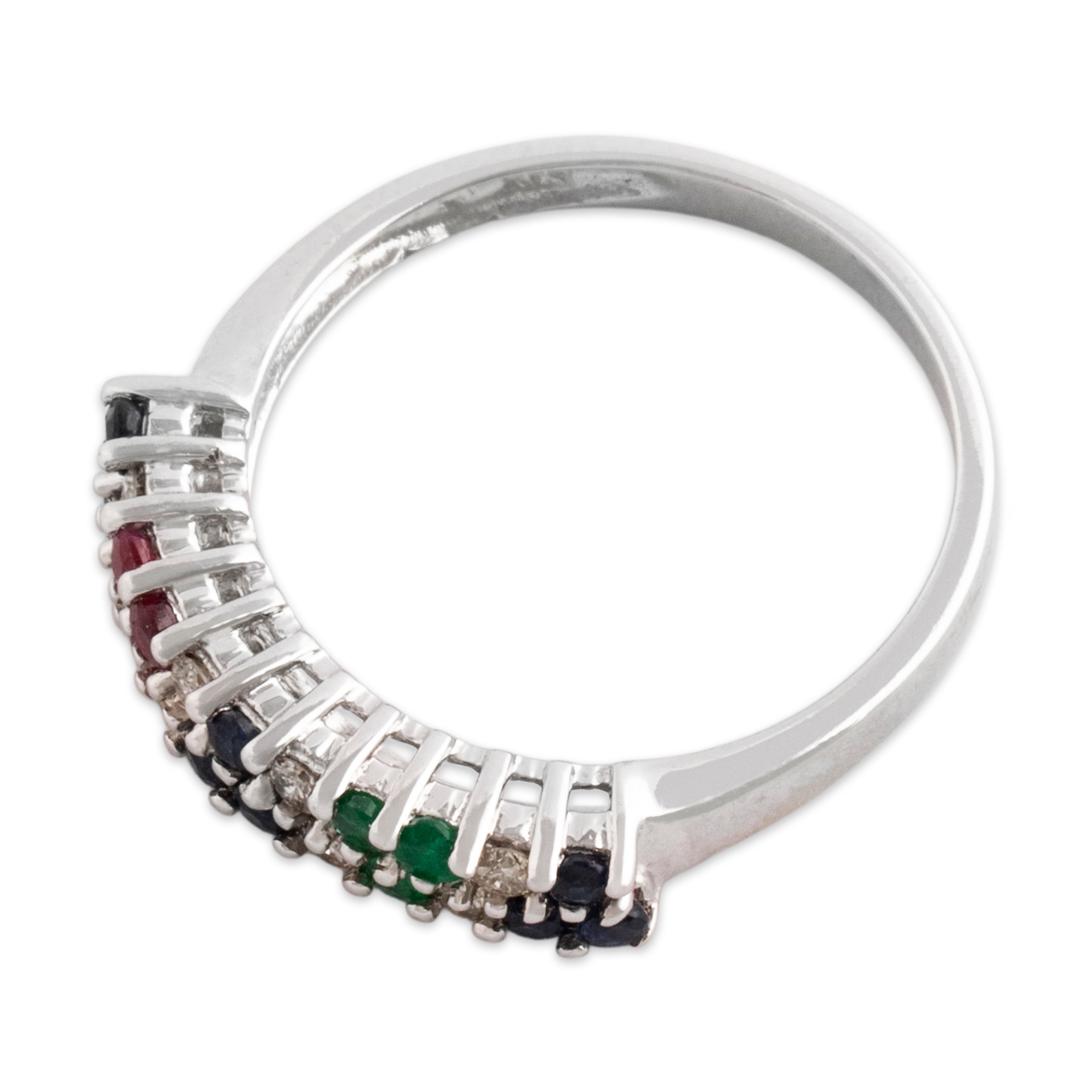 Vintage 14k White Gold Sapphire Ruby Alternating Cluster Band Ring - Overall view