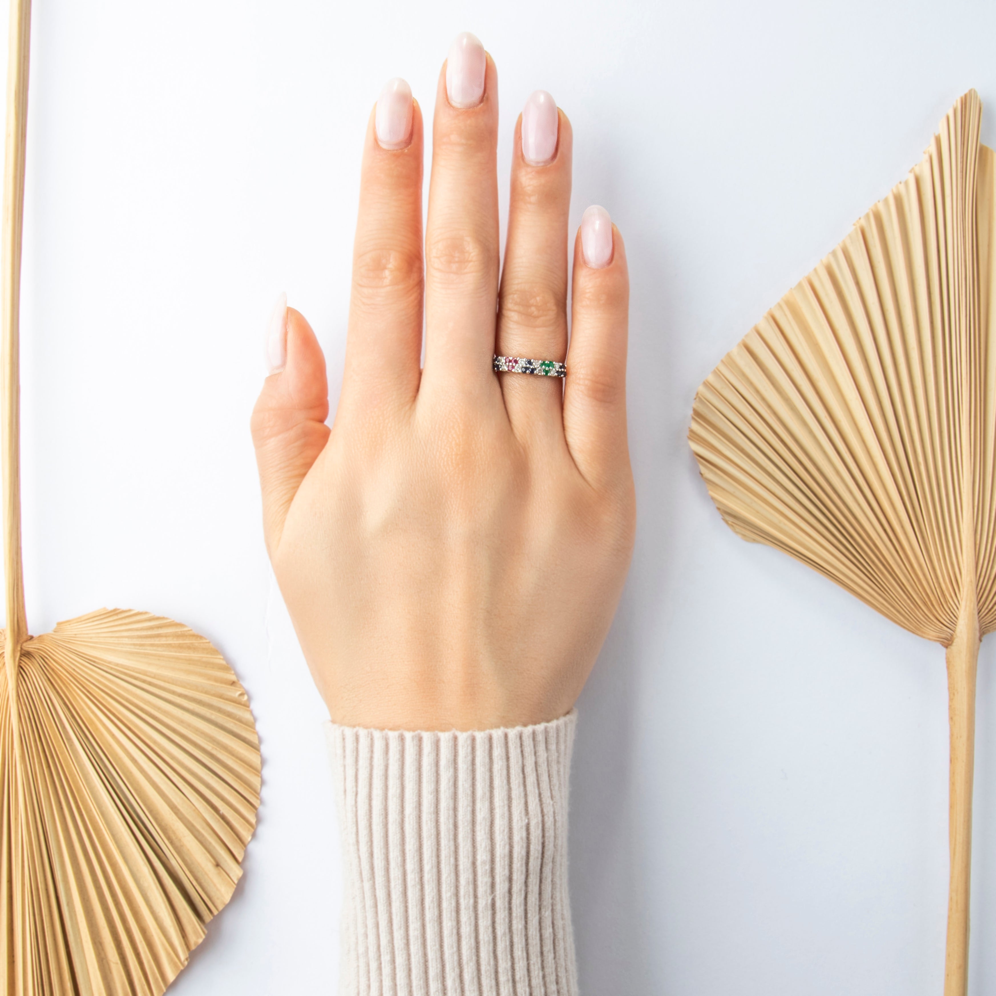 Vintage 14k White Gold Sapphire Ruby Alternating Cluster Band Ring - On model view