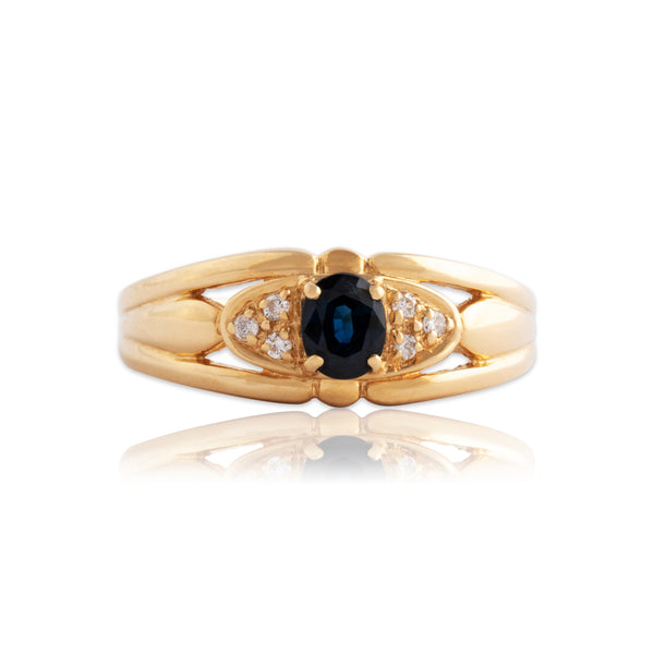 Vintage 18k Yellow Gold Blue Sapphire Diamond Wide Trio Ring 7.75