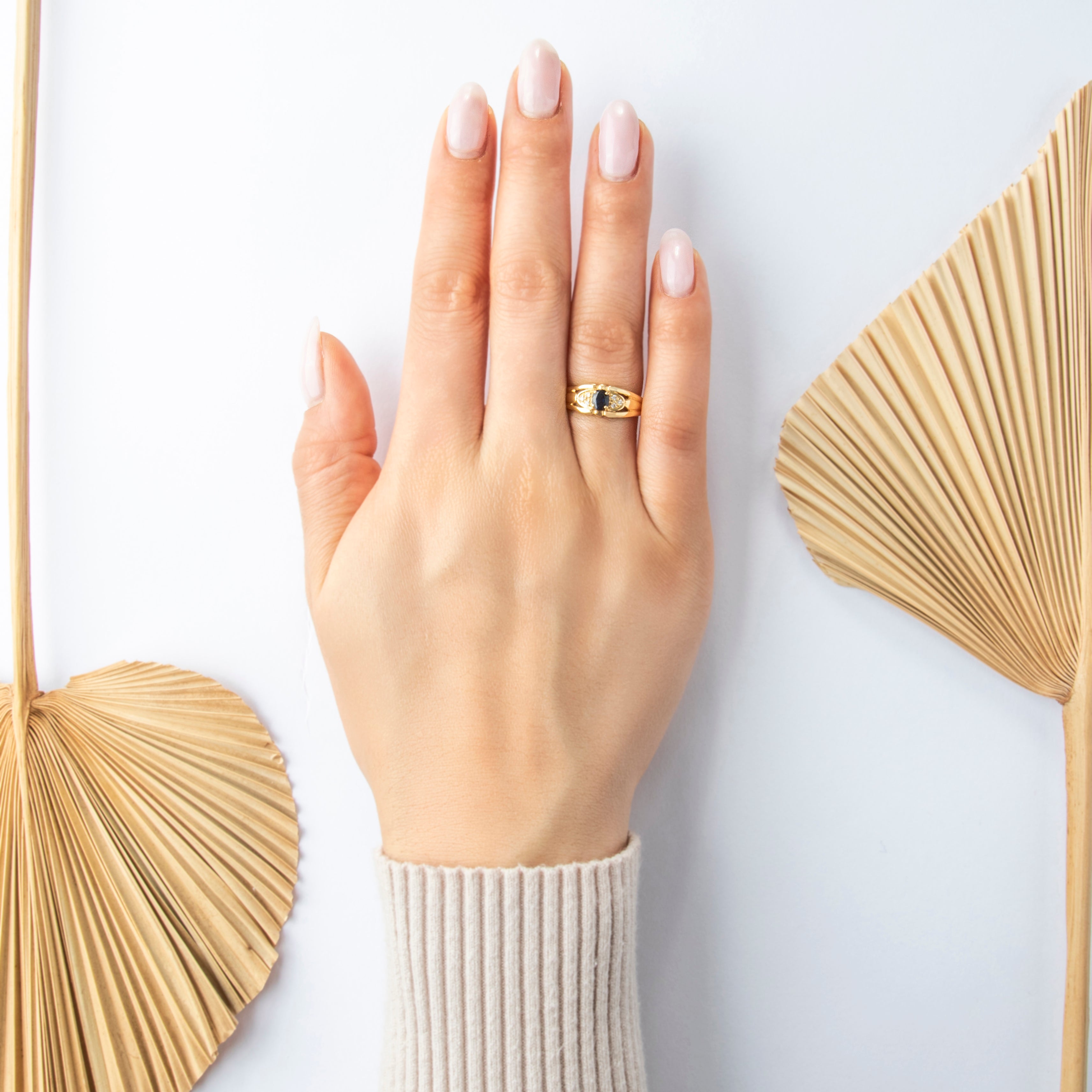 Vintage 18k Yellow Gold Blue Sapphire Diamond Wide Trio Ring - On model view