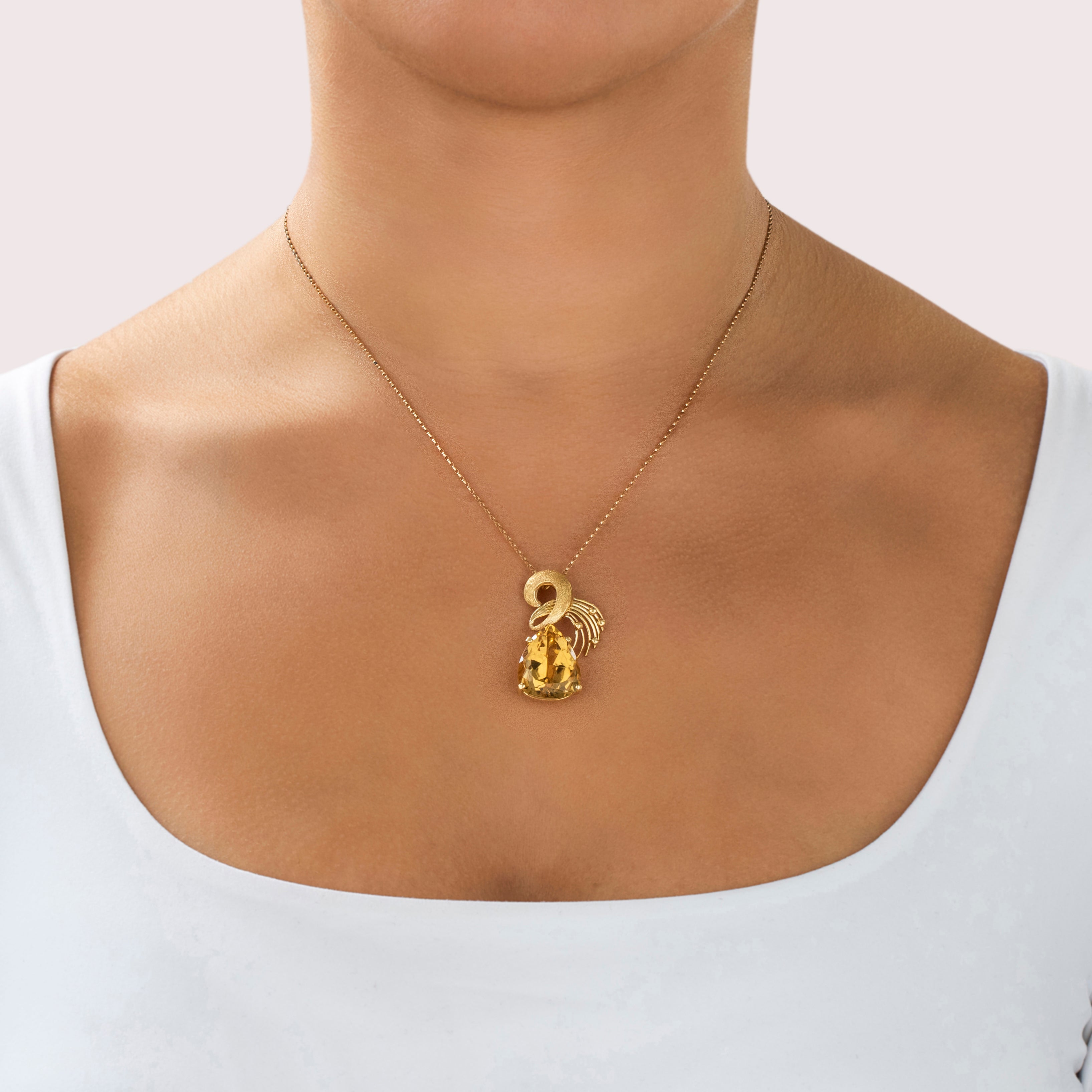 Vintage Large 18k Yellow Gold 16ct Citrine Striking Geometric Twist Pendant - On model view