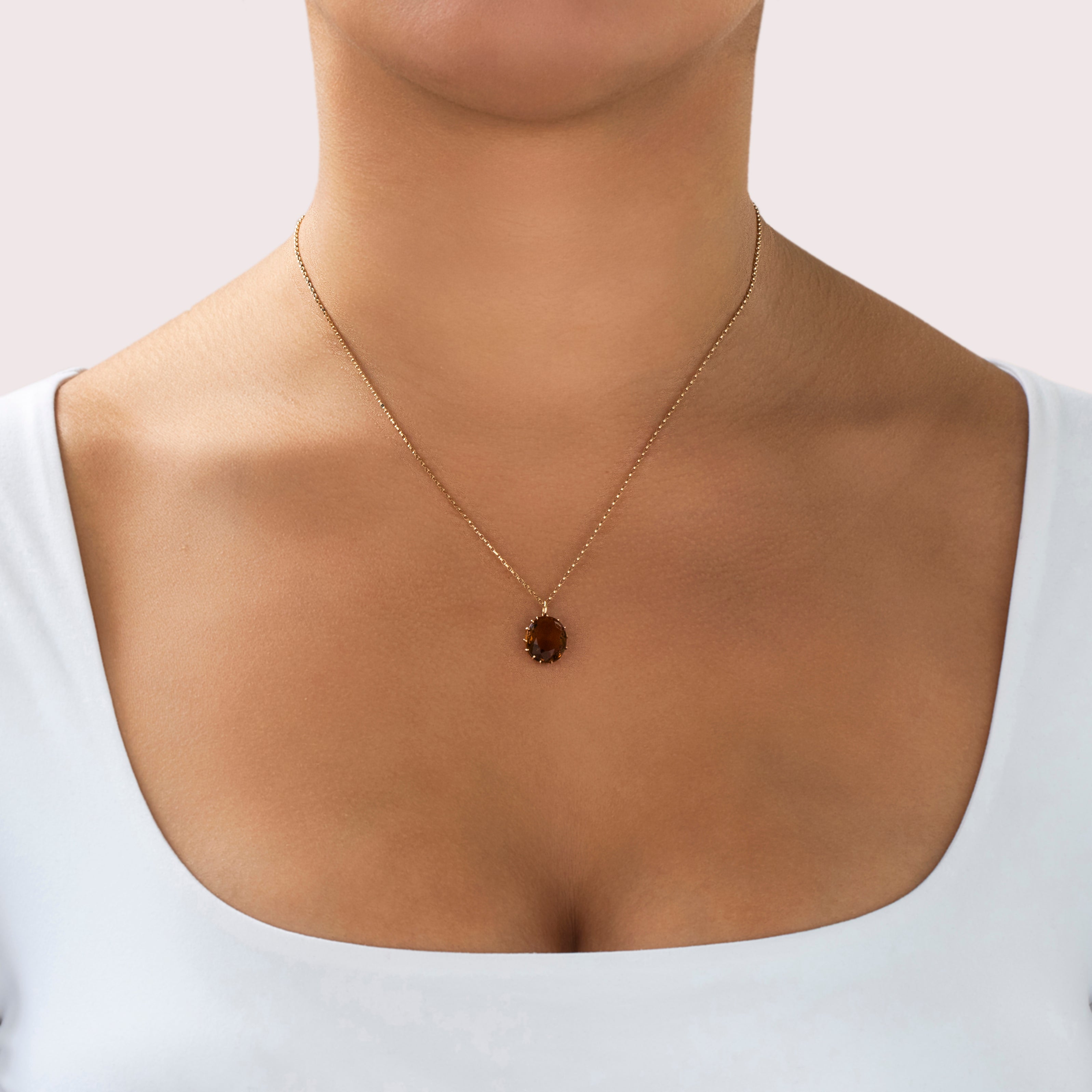 Antique 14k Yellow Gold Glass Classic Oval Pendant - On model view