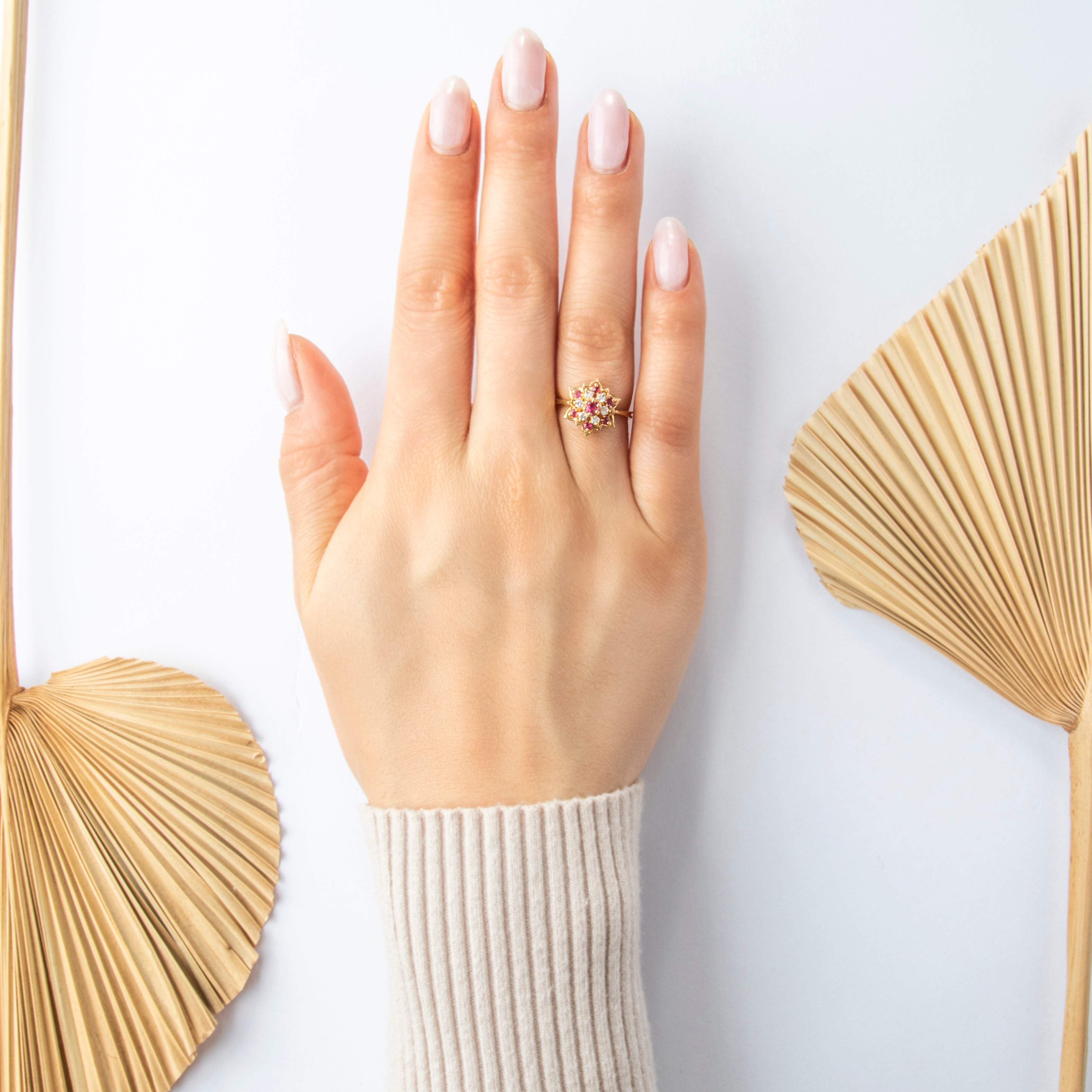 Vintage 14k Yellow Gold Ruby Diamond Marvelous Flower Tower Ring - On model view