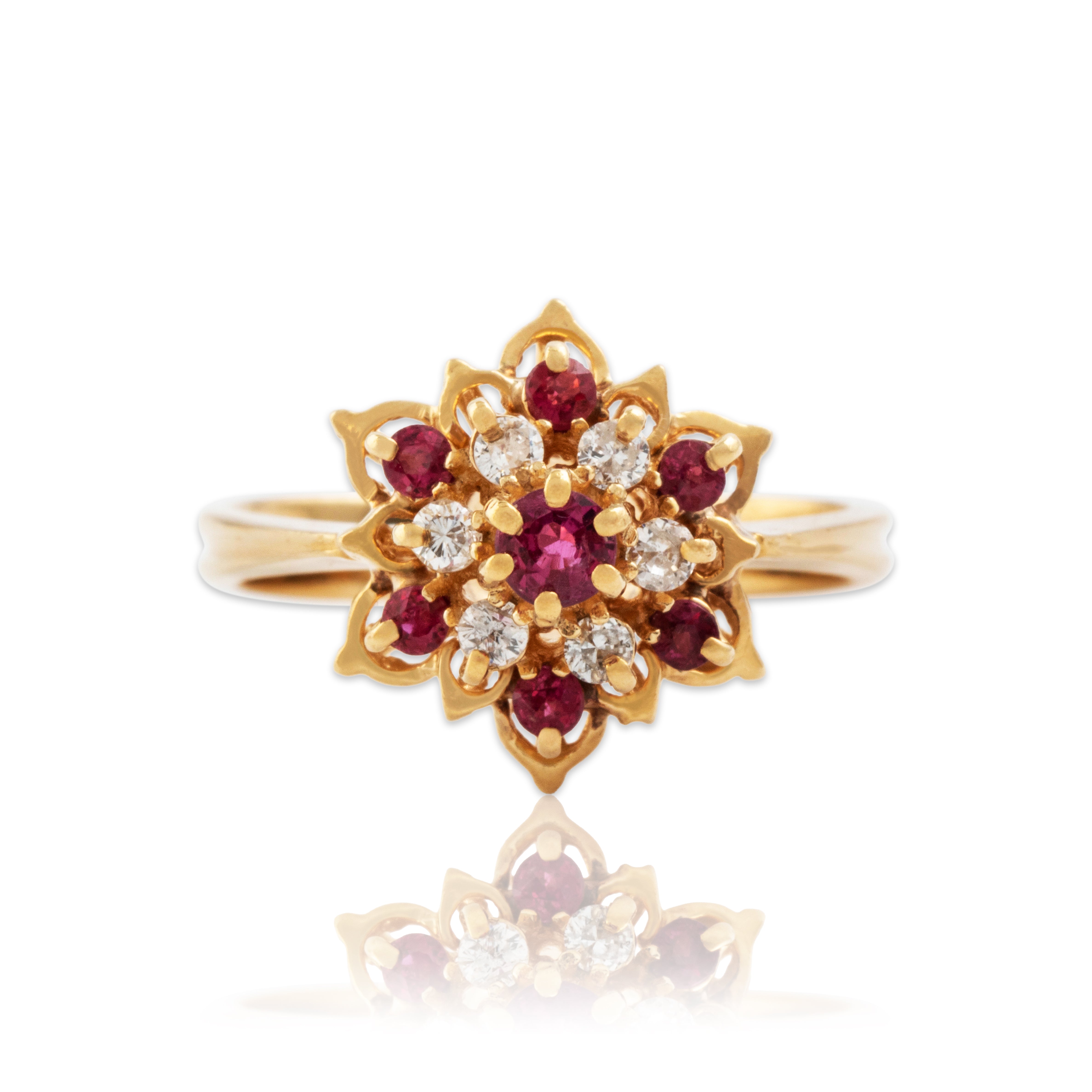 Vintage 14k Yellow Gold Ruby Diamond Marvelous Flower Tower Ring - Close-up view