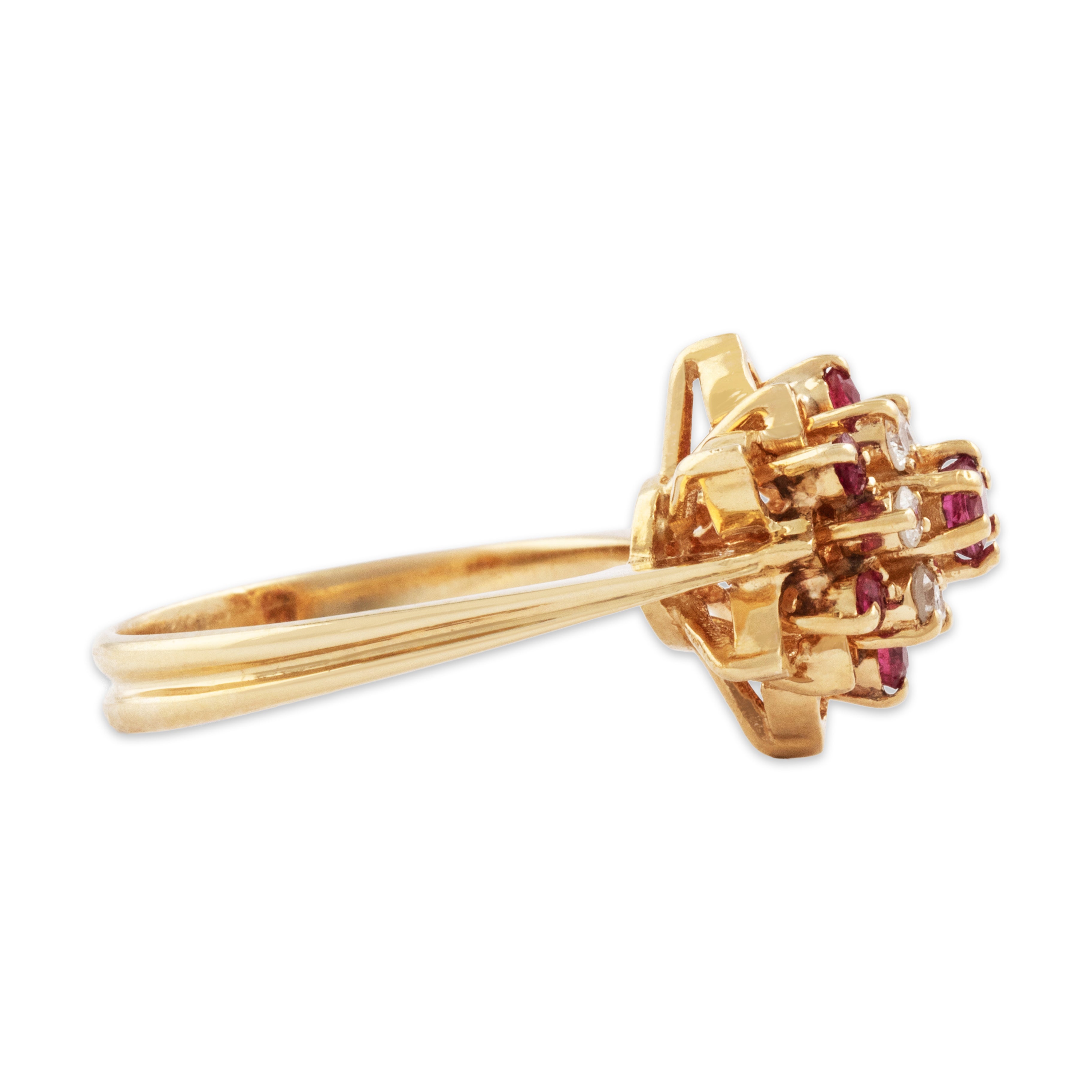 Vintage 14k Yellow Gold Ruby Diamond Marvelous Flower Tower Ring - Side view