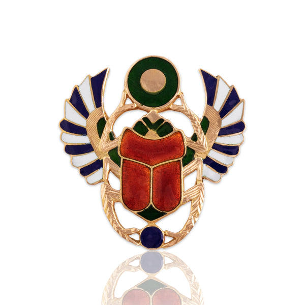 Vintage Large 20k Yellow Gold Fantastic Flying Enamel Scarab Pendant