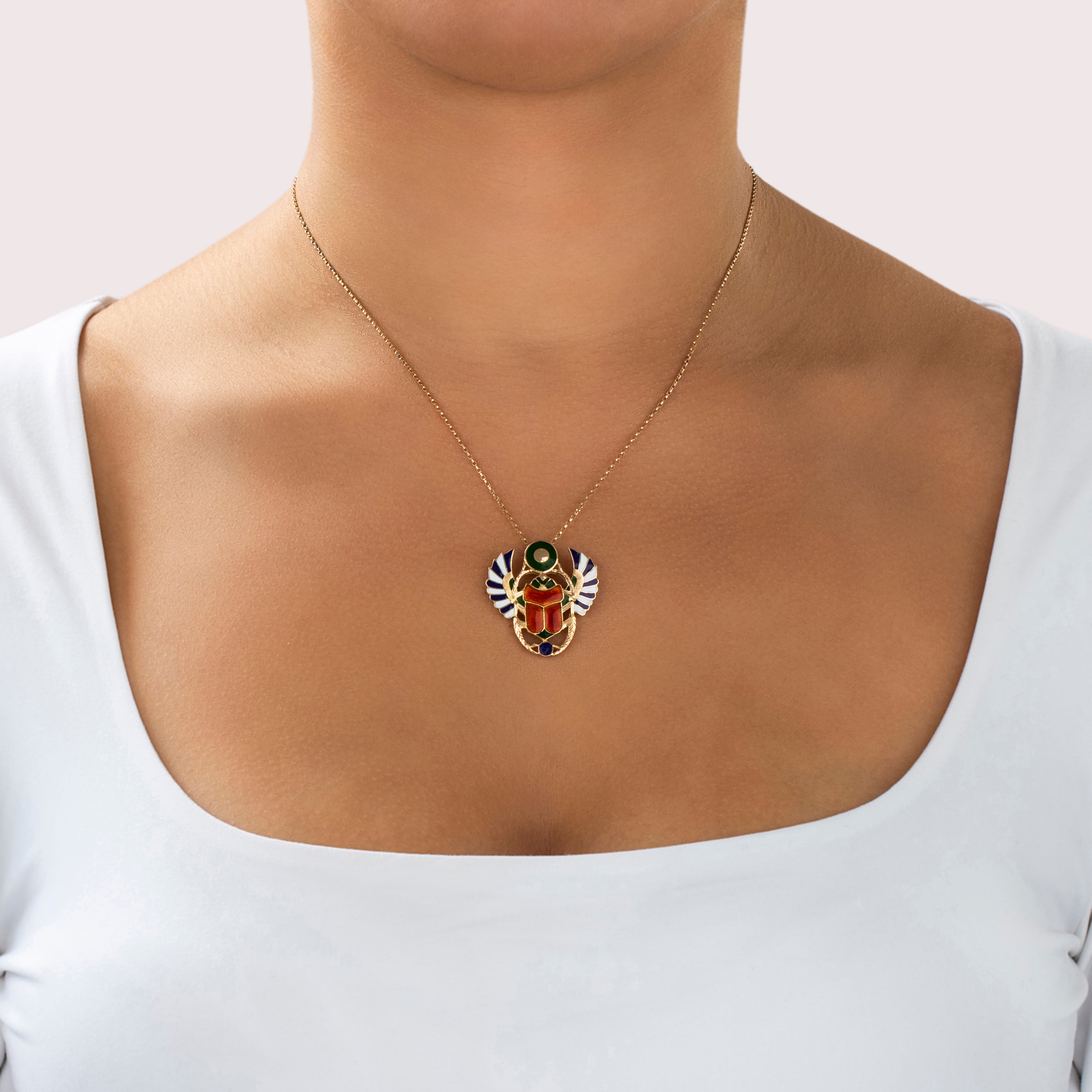 Vintage Large 20k Yellow Gold Fantastic Flying Enamel Scarab Pendant - On model view