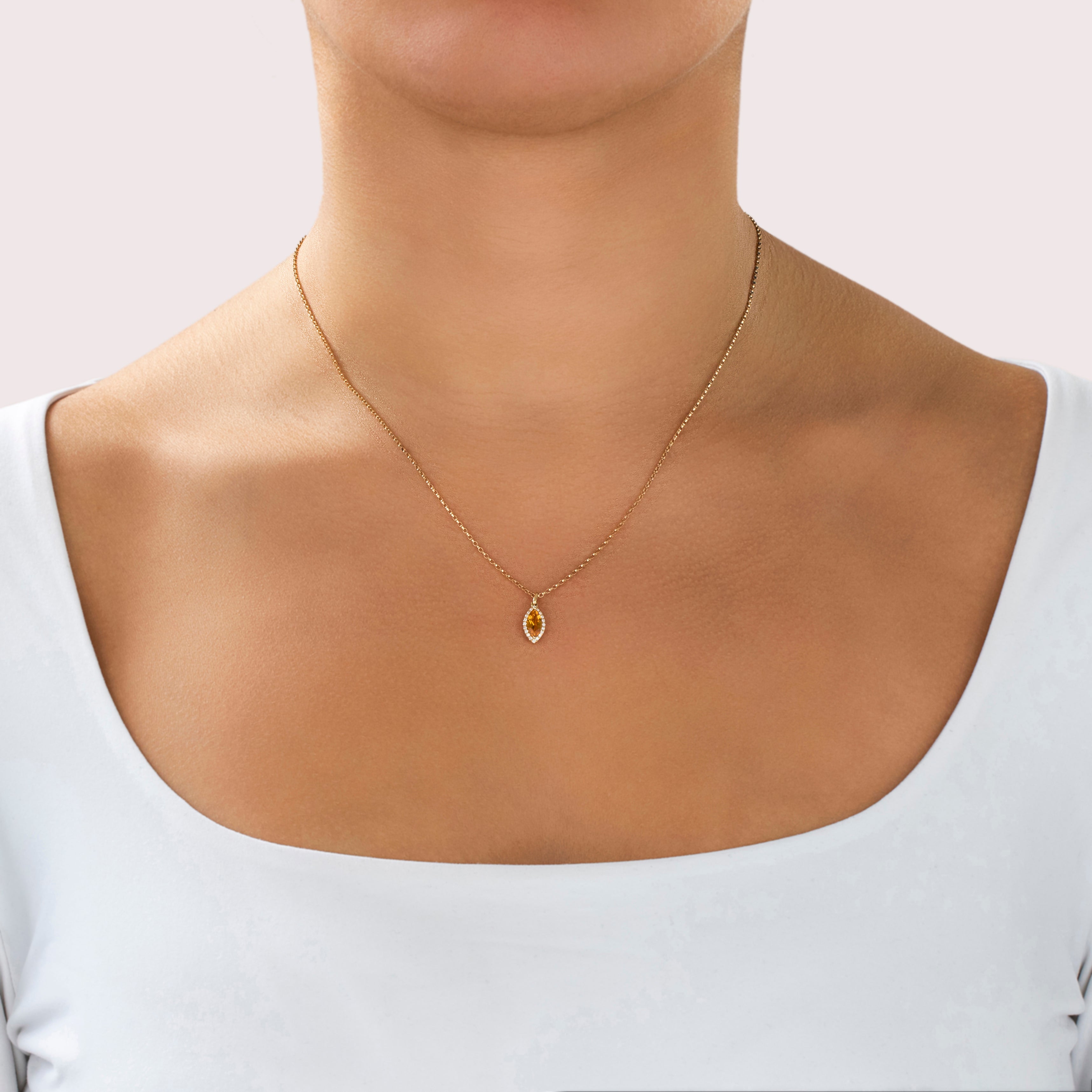 Estate 14k Yellow Gold Citrine Diamond Beautiful Marquise Halo Charm / Pendant - On model view