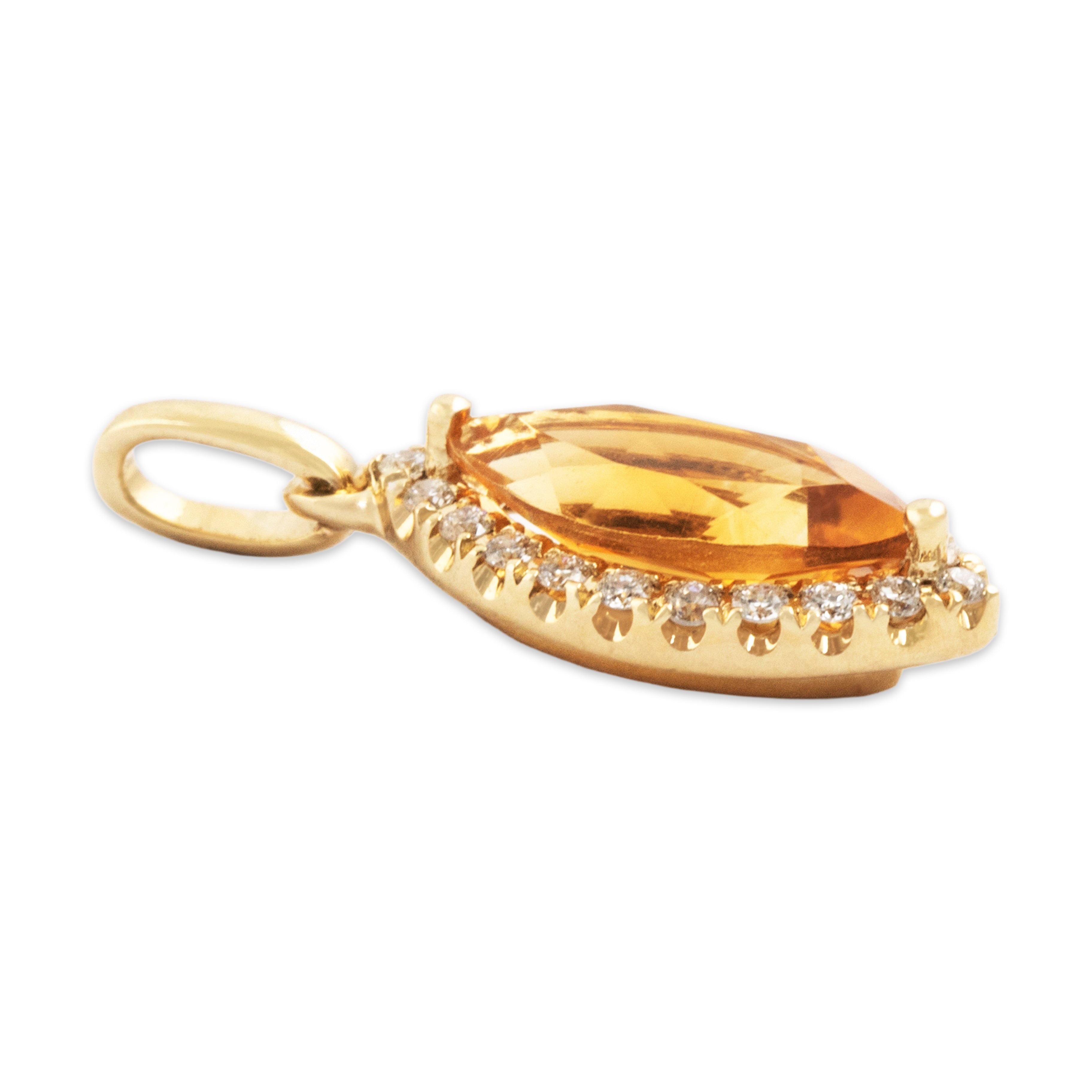 Estate 14k Yellow Gold Citrine Diamond Beautiful Marquise Halo Charm / Pendant - Side view
