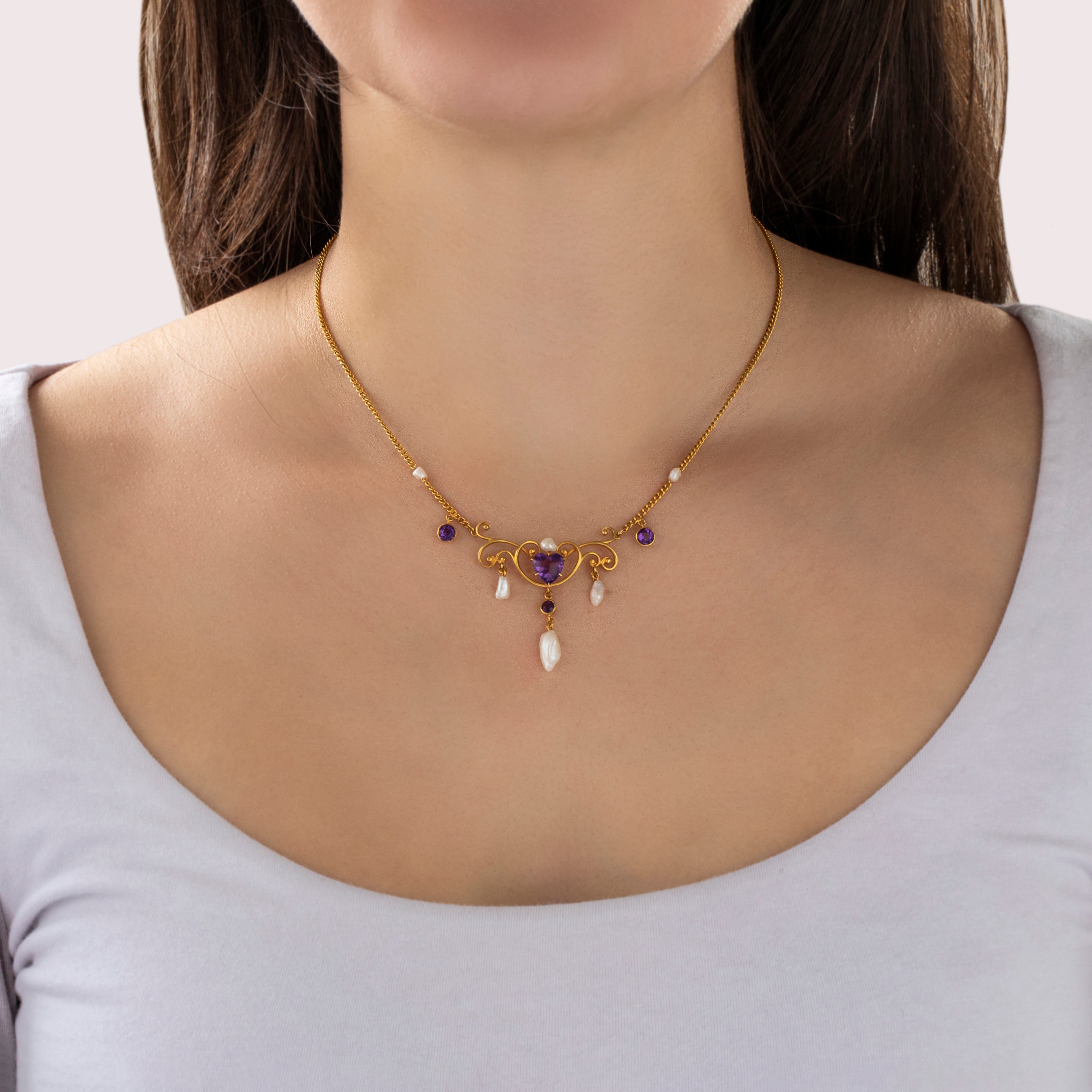 Antique 14k Yellow Gold 2.1cttw Amethyst Seed Pearl Heart Lavalier Necklace - On model view