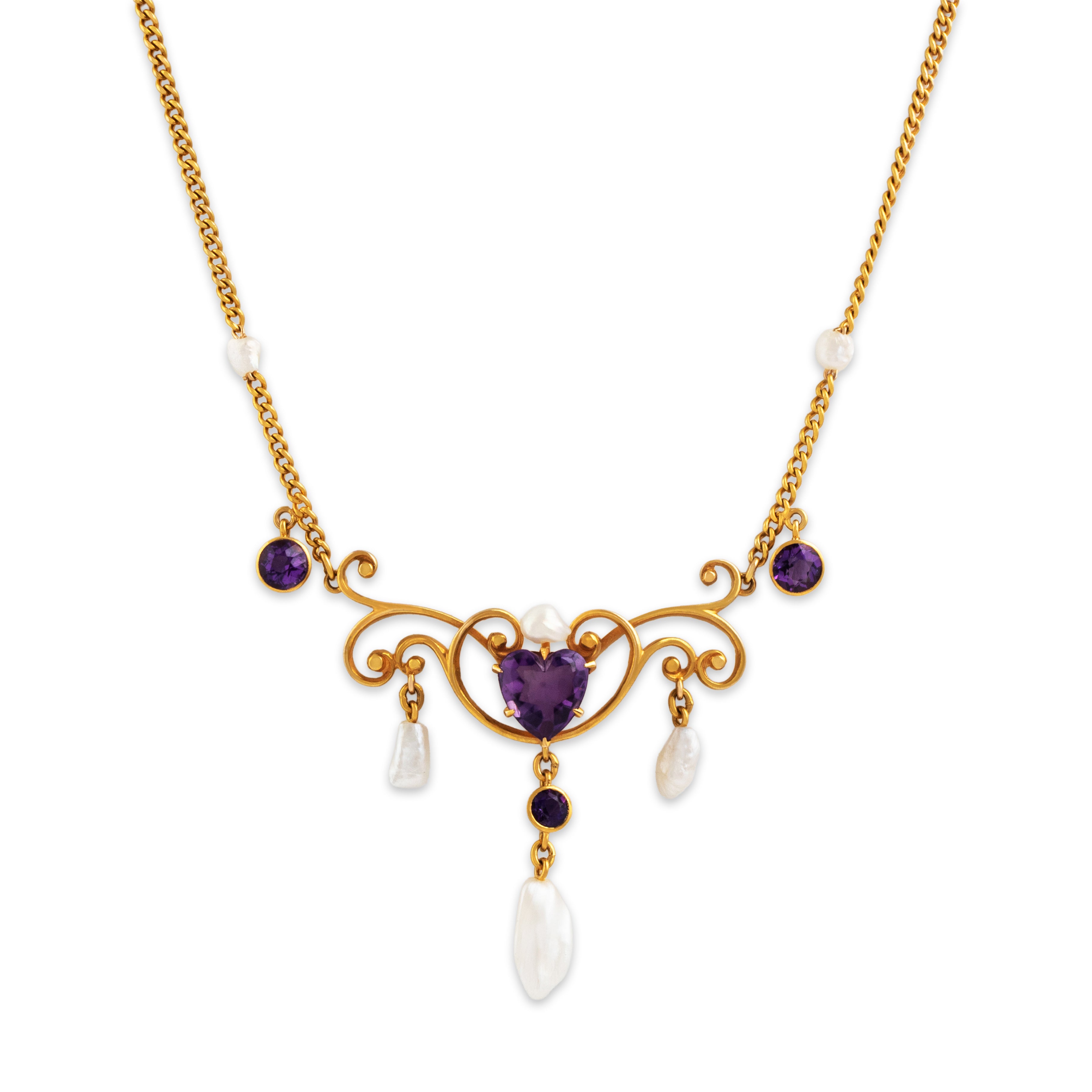 Antique 14k Yellow Gold 2.1cttw Amethyst Seed Pearl Heart Lavalier Necklace - detail view #1