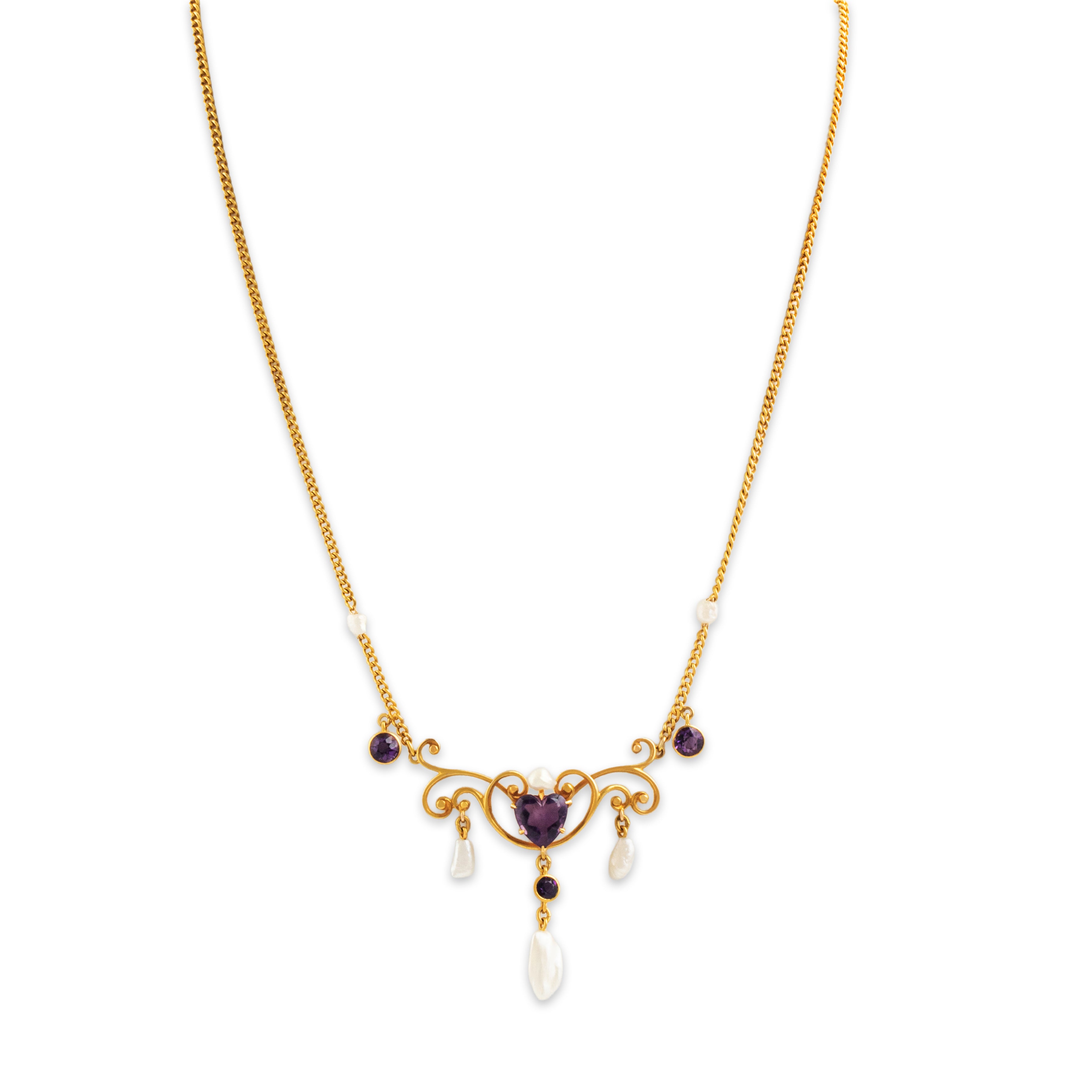 Antique 14k Yellow Gold 2.1cttw Amethyst Seed Pearl Heart Lavalier Necklace - Close-up view