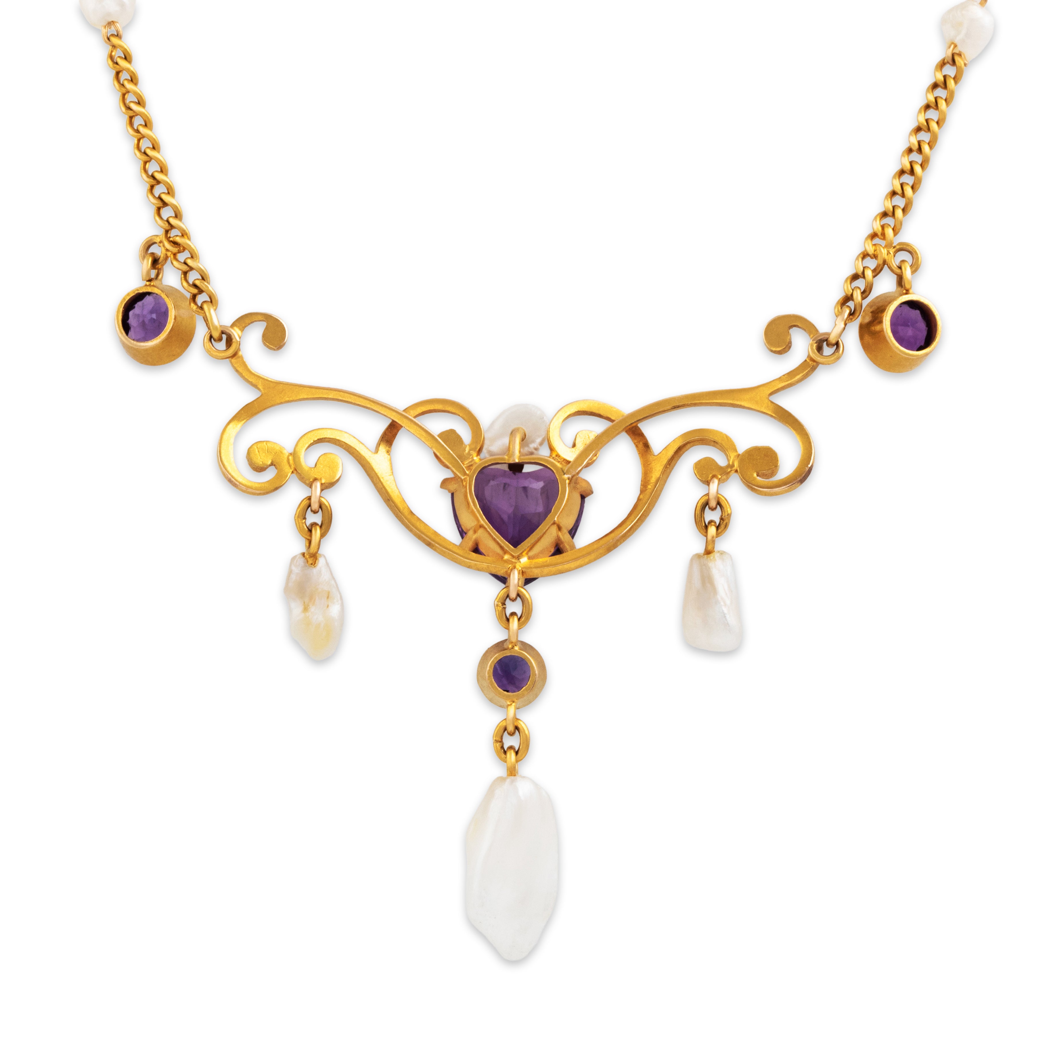 Antique 14k Yellow Gold 2.1cttw Amethyst Seed Pearl Heart Lavalier Necklace - Back view