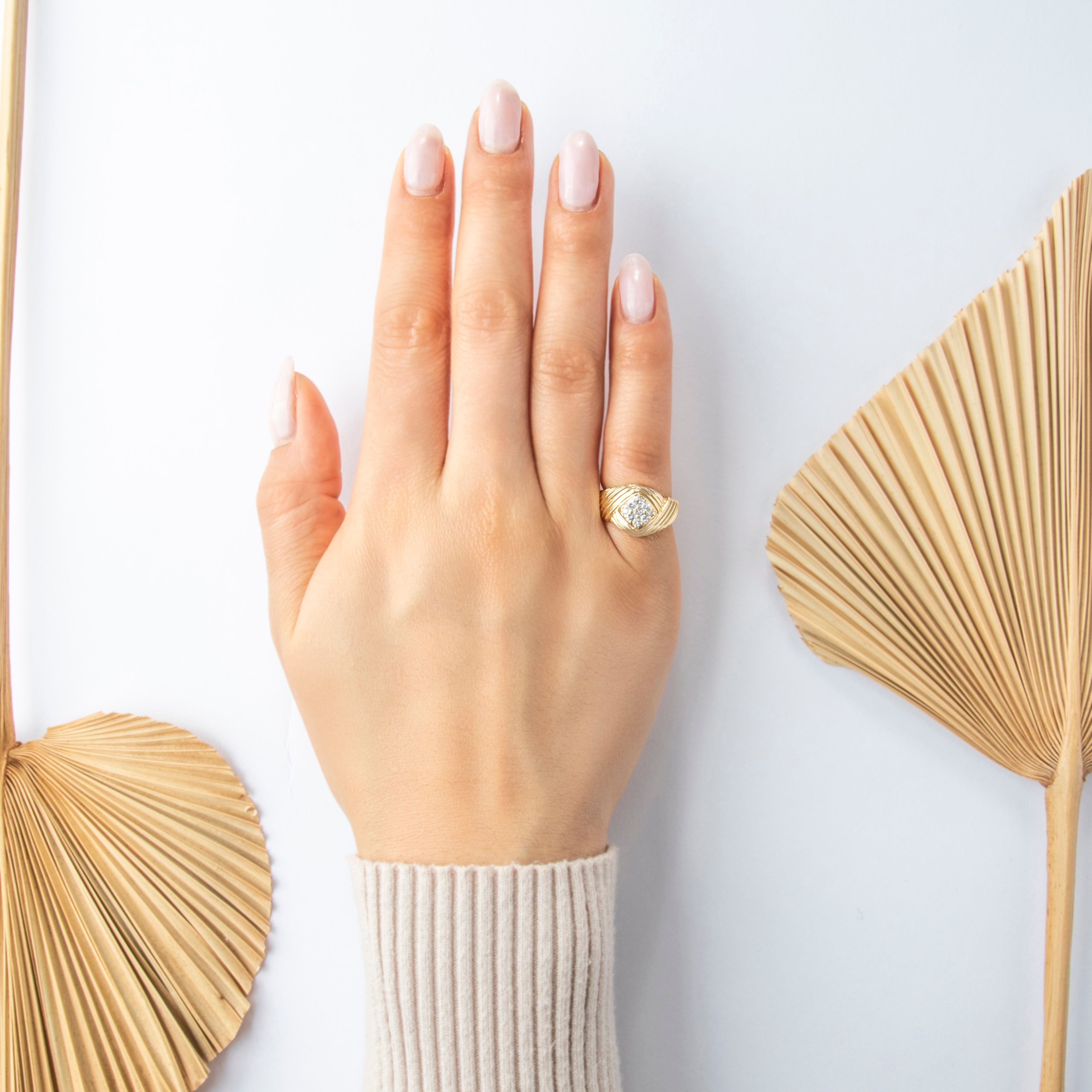 Vintage 14k Yellow Gold .225cttw Diamond Ribbed Cluster Ring - On model view