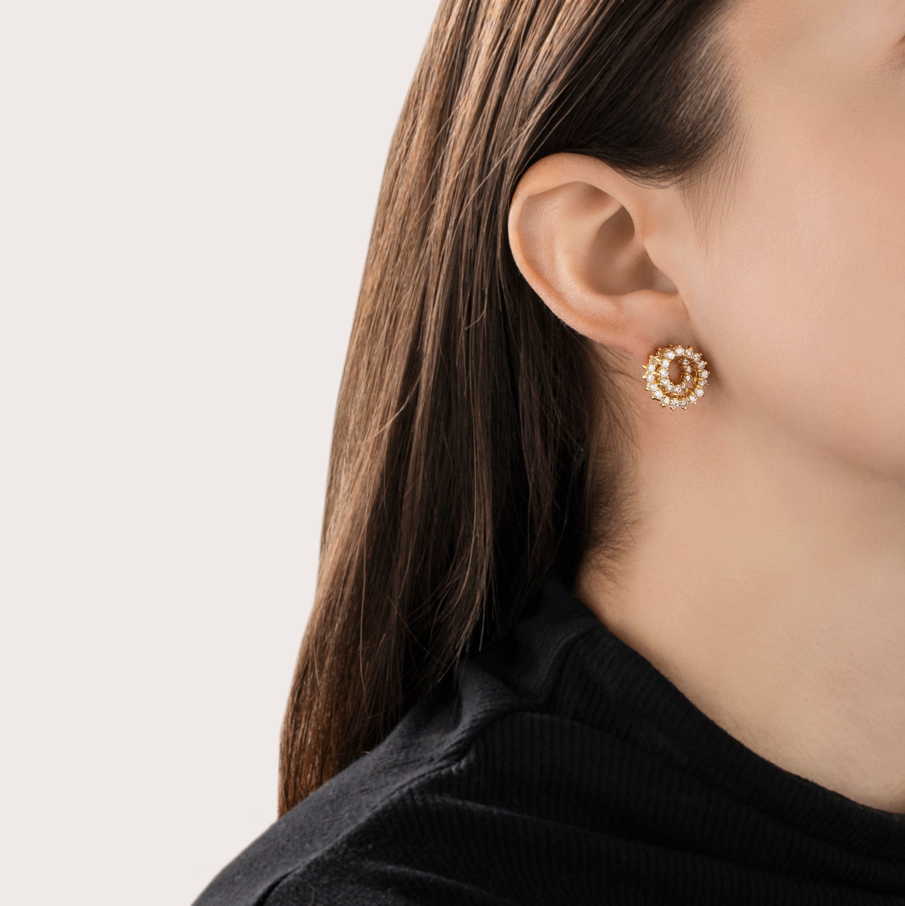 Vintage 18k Yellow Gold 2.1cttw Diamond Glistening Loop Omega Back Earrings - On model view