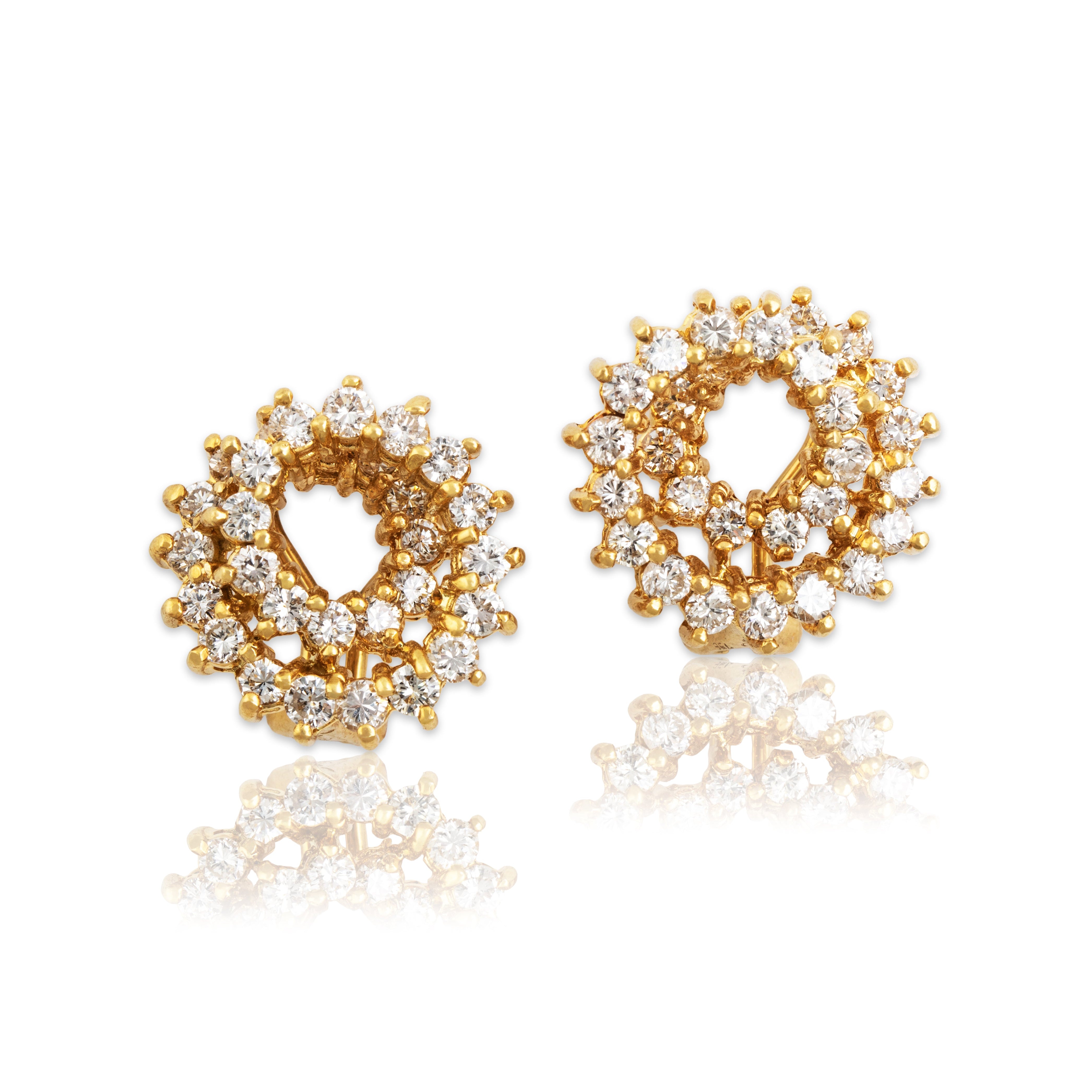 Vintage 18k Yellow Gold 2.1cttw Diamond Glistening Loop Omega Back Earrings - Close-up view