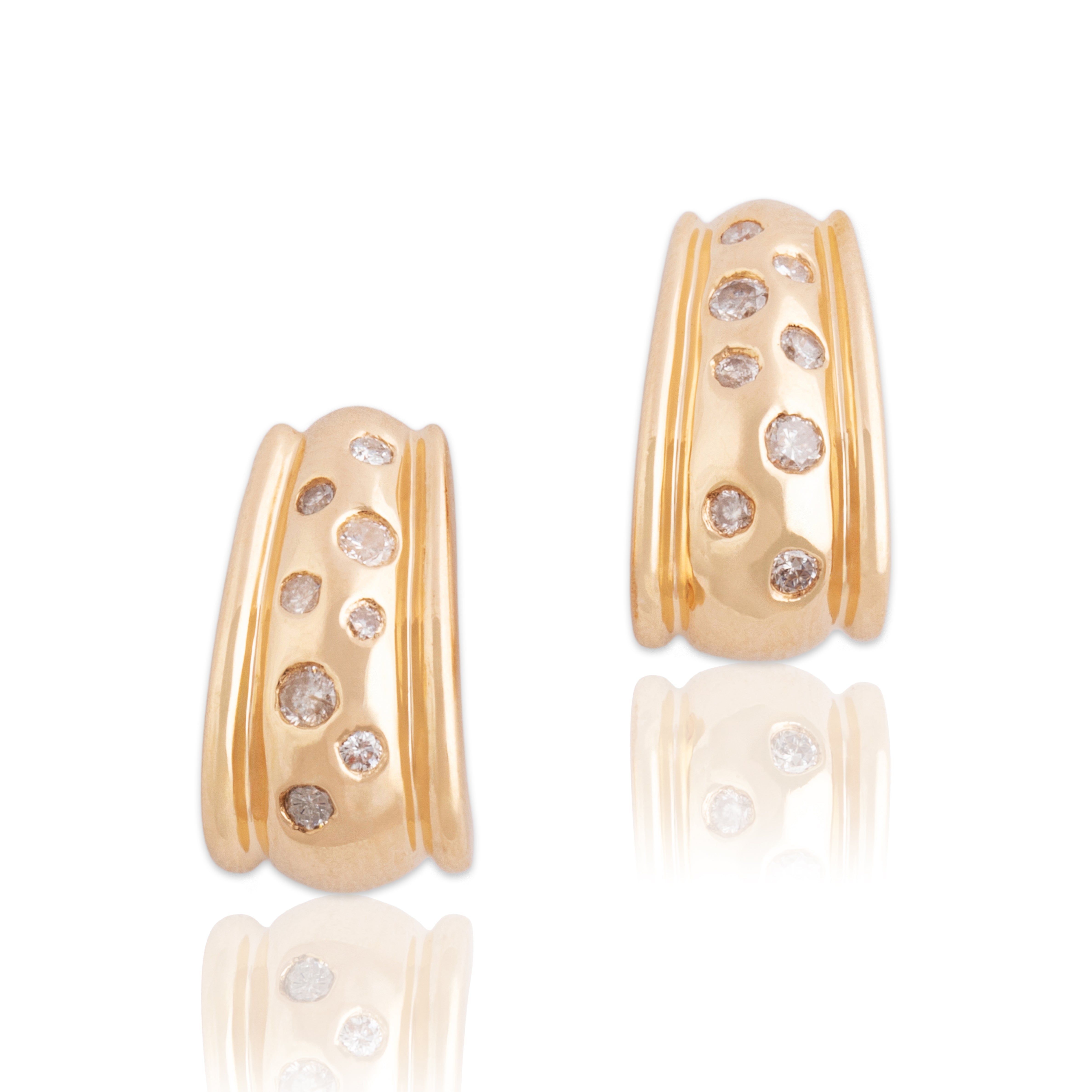 Vintage 14k Yellow Gold Diamond Flush-Set Half-Huggie Stud Earrings - Close-up view