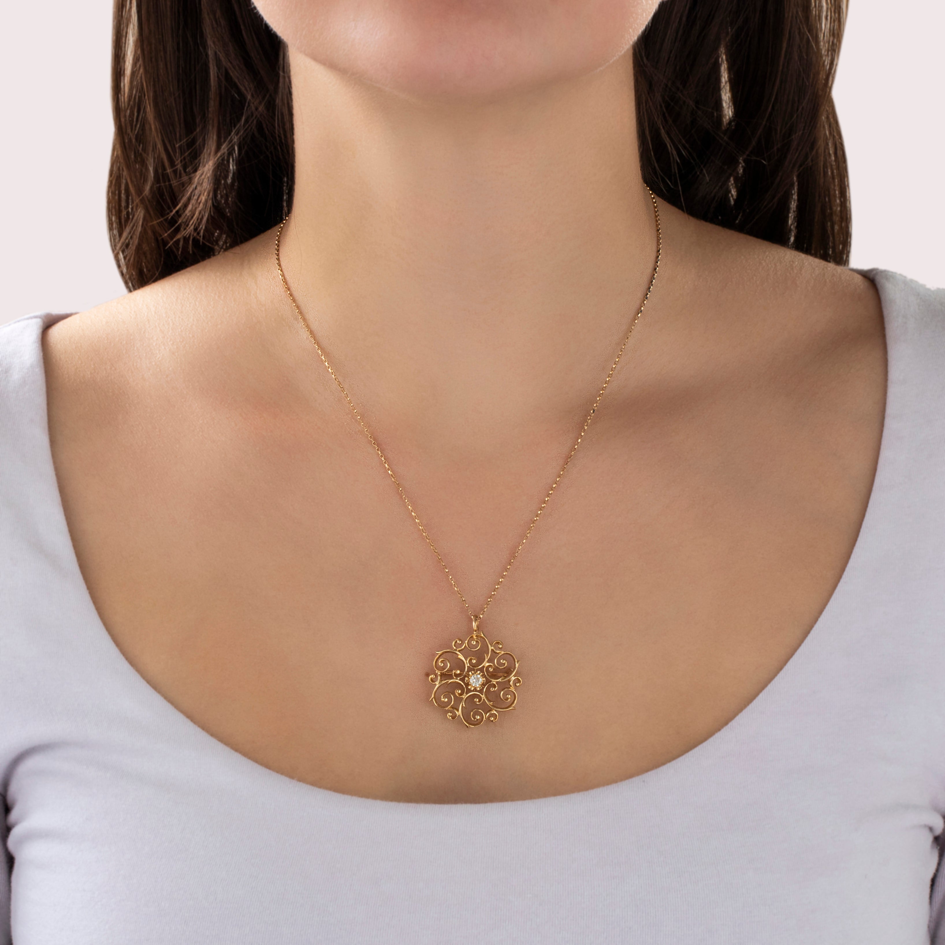 Antique 14k Yellow Gold Diamond Open Scrollwork Pin / Pendant - On model view