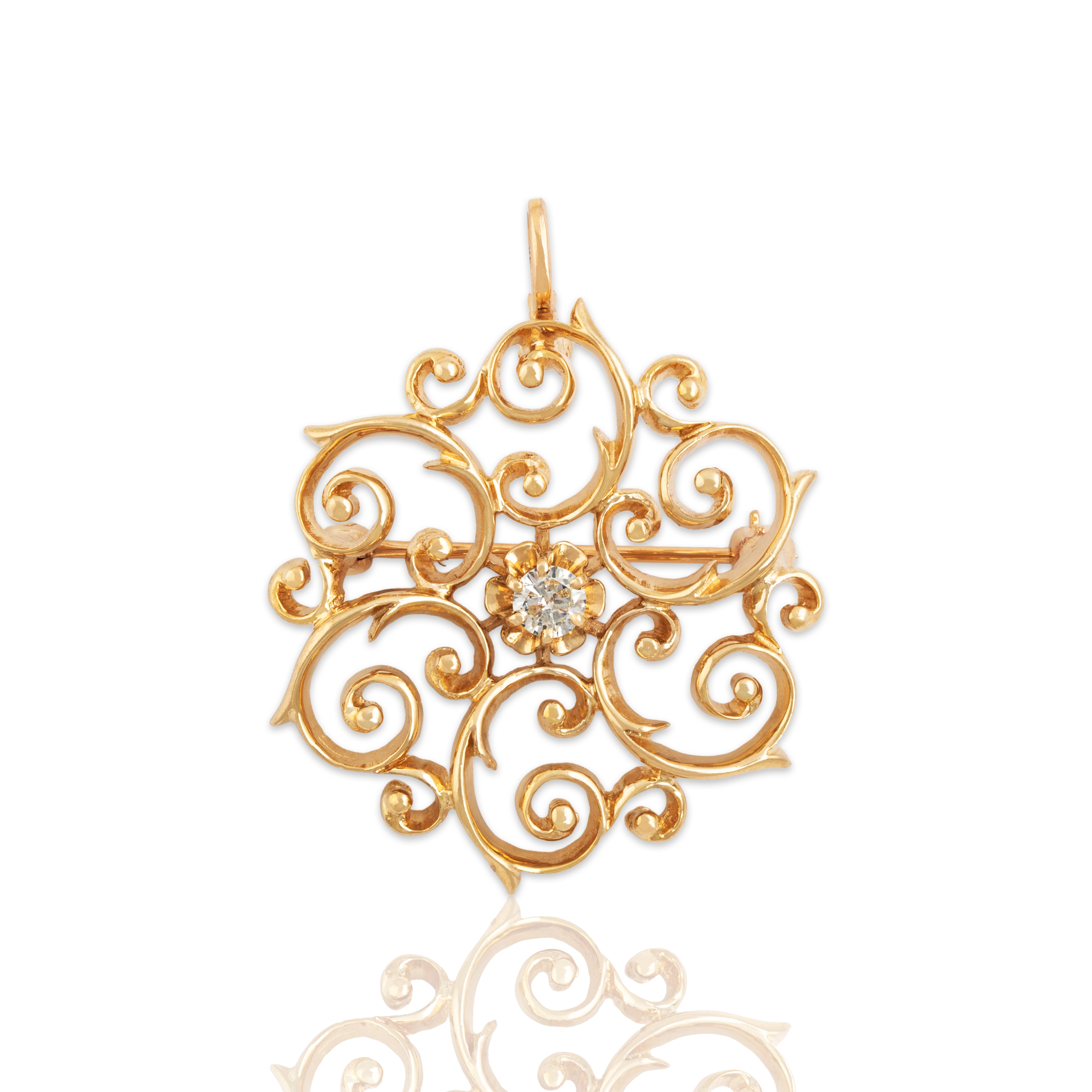 Antique 14k Yellow Gold Diamond Open Scrollwork Pin / Pendant - Close-up view