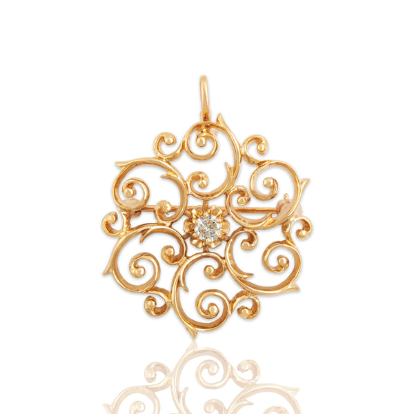 Antique 14k Yellow Gold Diamond Pretty Open Scrollwork Pin / Pendant