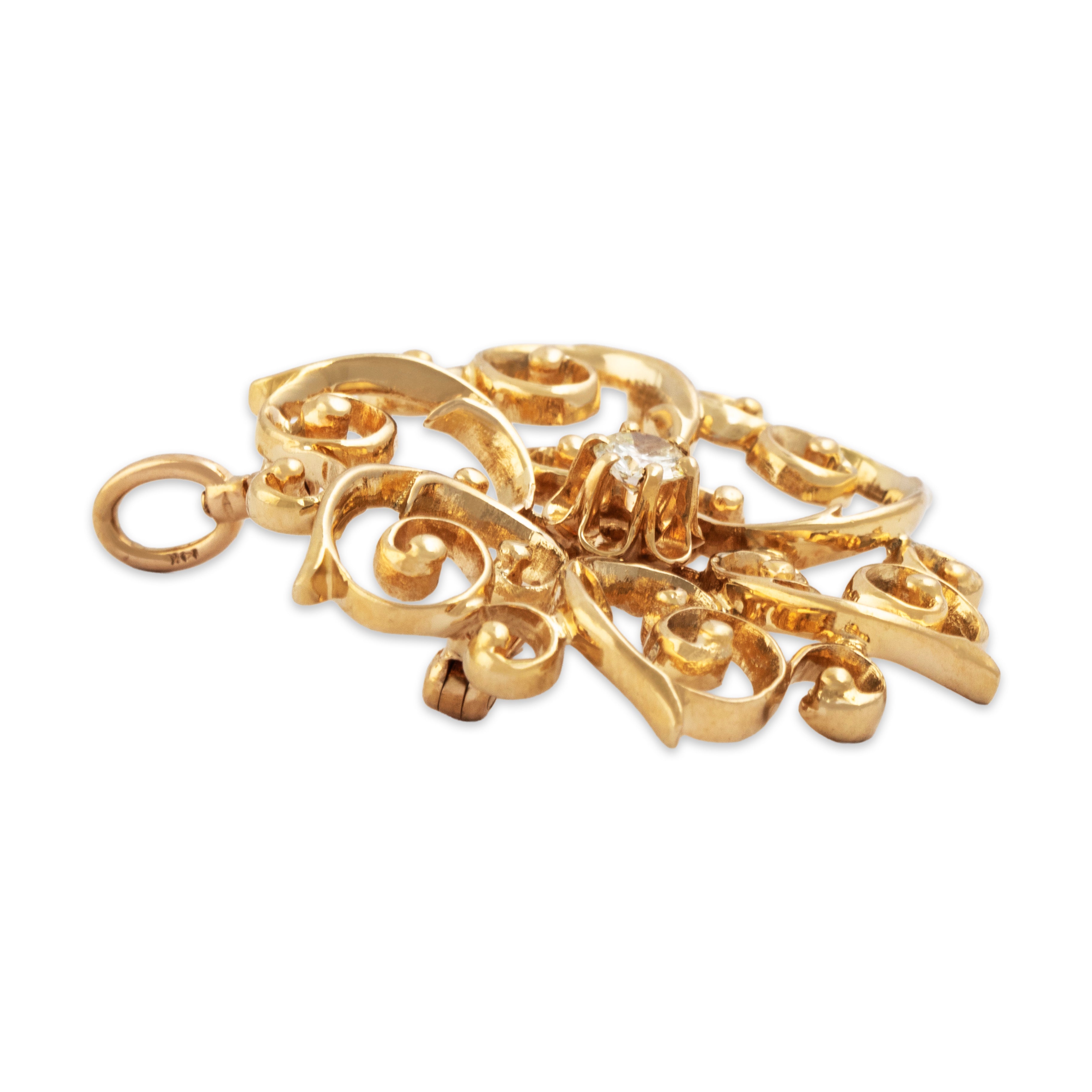 Antique 14k Yellow Gold Diamond Open Scrollwork Pin / Pendant - Side view
