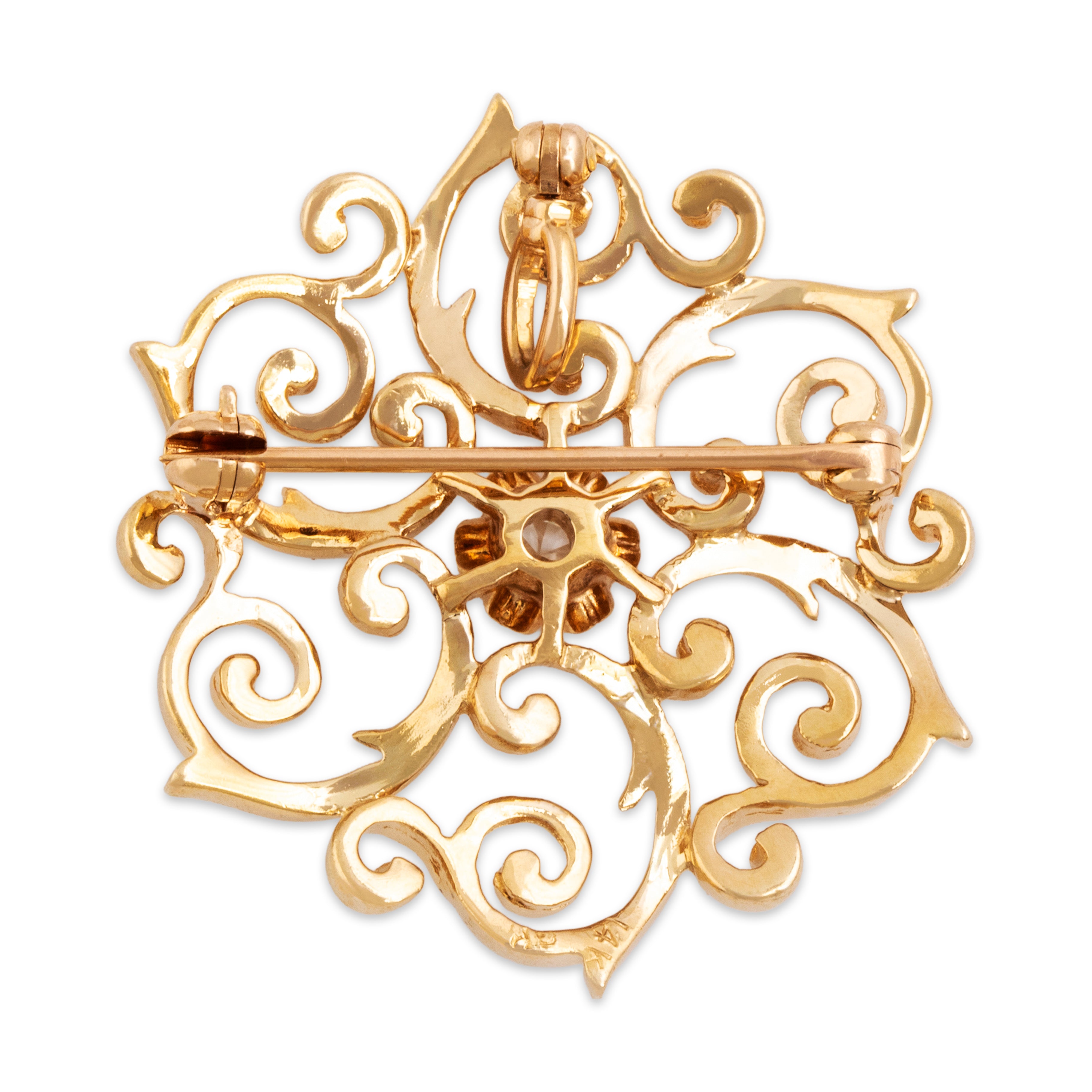 Antique 14k Yellow Gold Diamond Open Scrollwork Pin / Pendant - Back view
